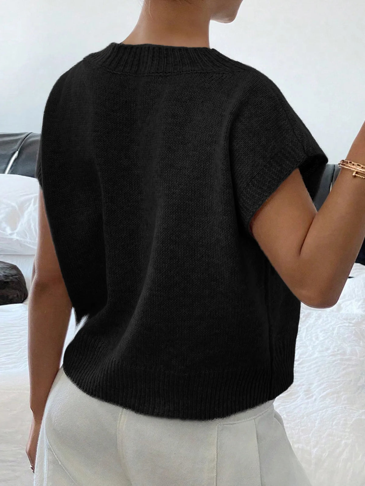 Ribbed Hem V-Neck Short Sleeve Sweater - Lilixa.store