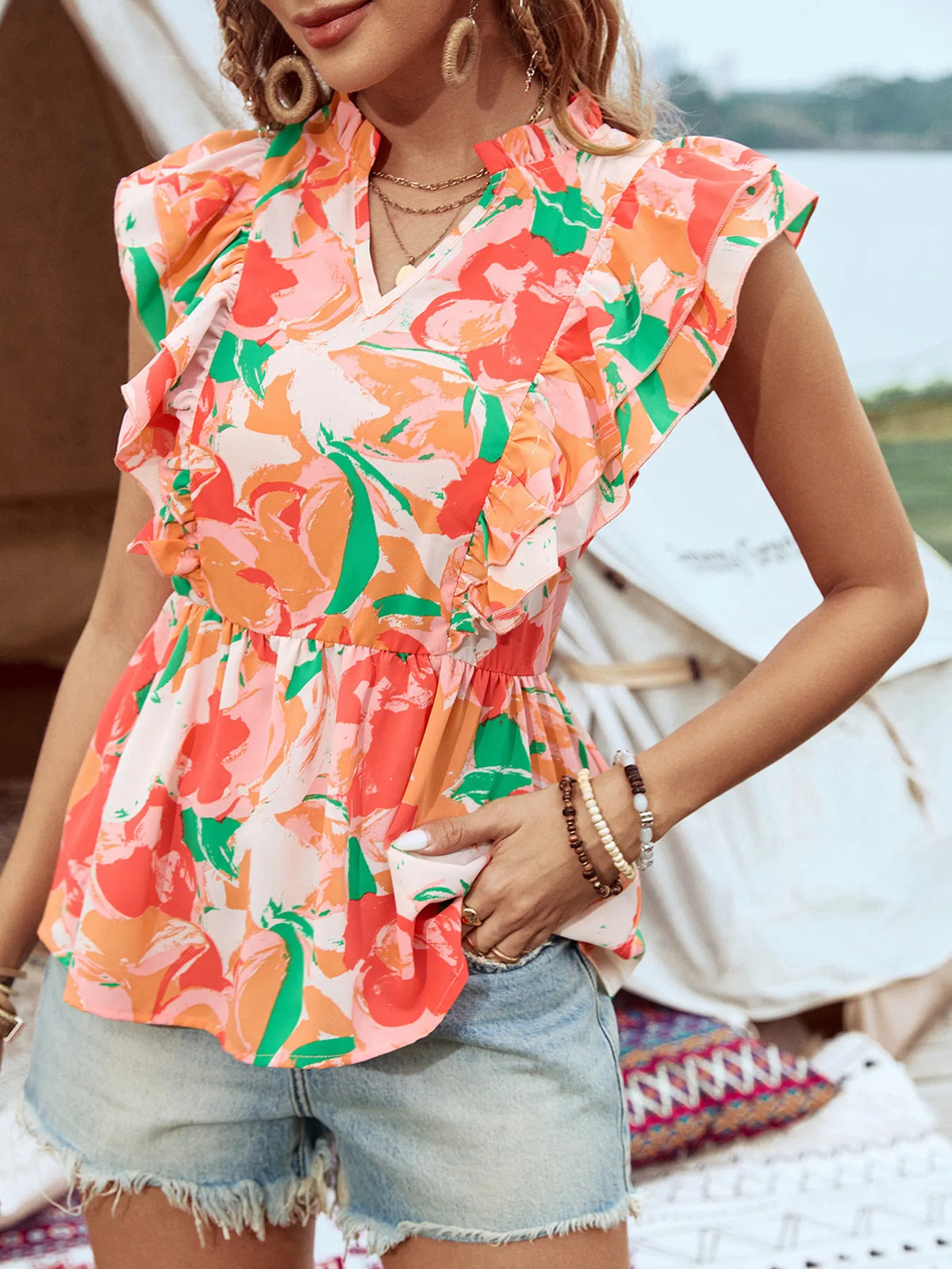 Floral Ruffle Cap Sleeve Blouse - Lilixa.store