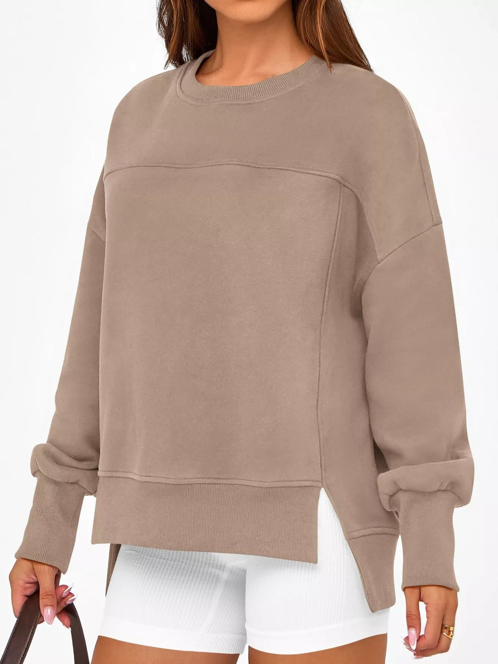 Slit Round Neck Dropped Shoulder Sweatshirt - Lilixa.store