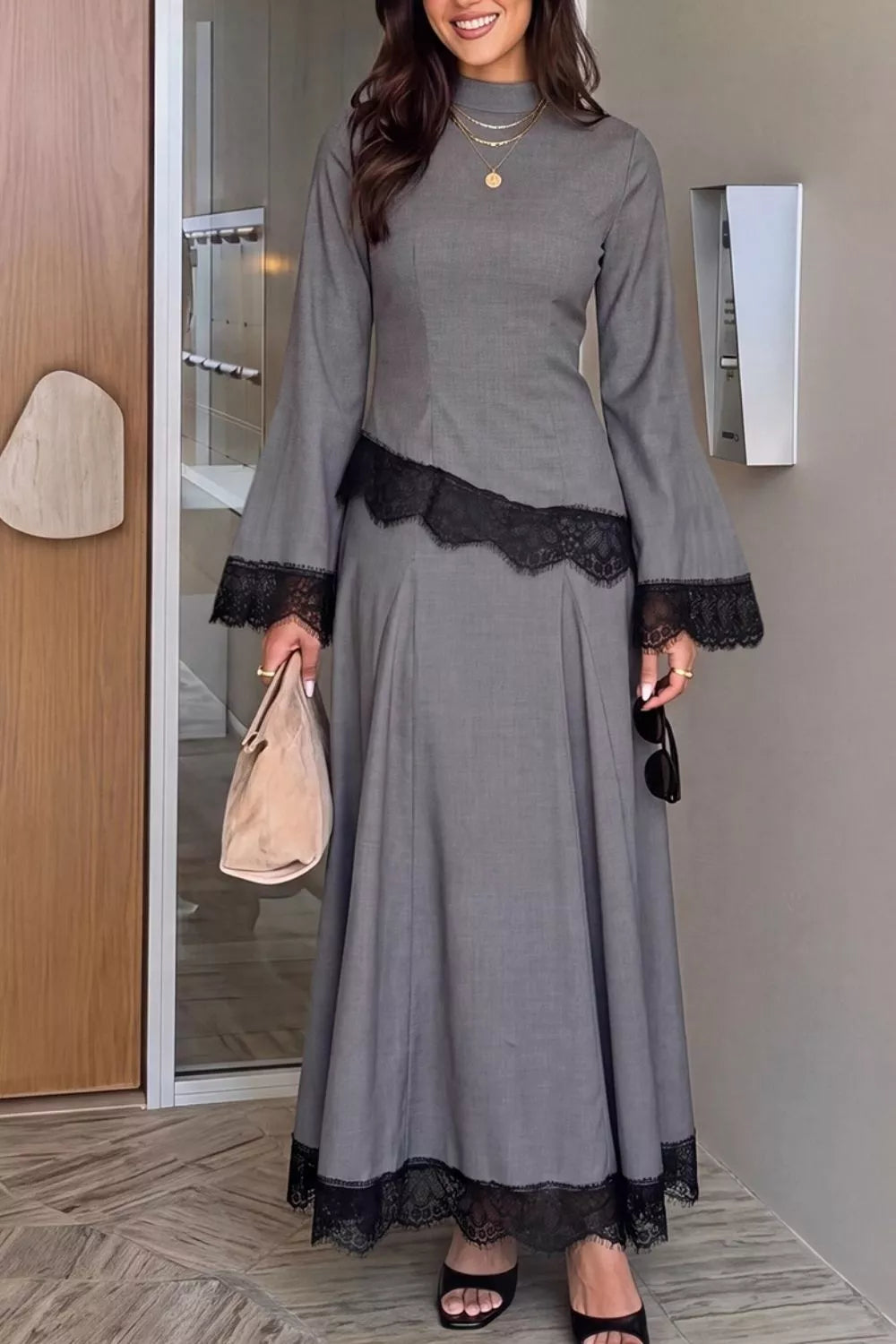 Lace Detail Mock Neck Top and Skirt Set - Lilixa.store