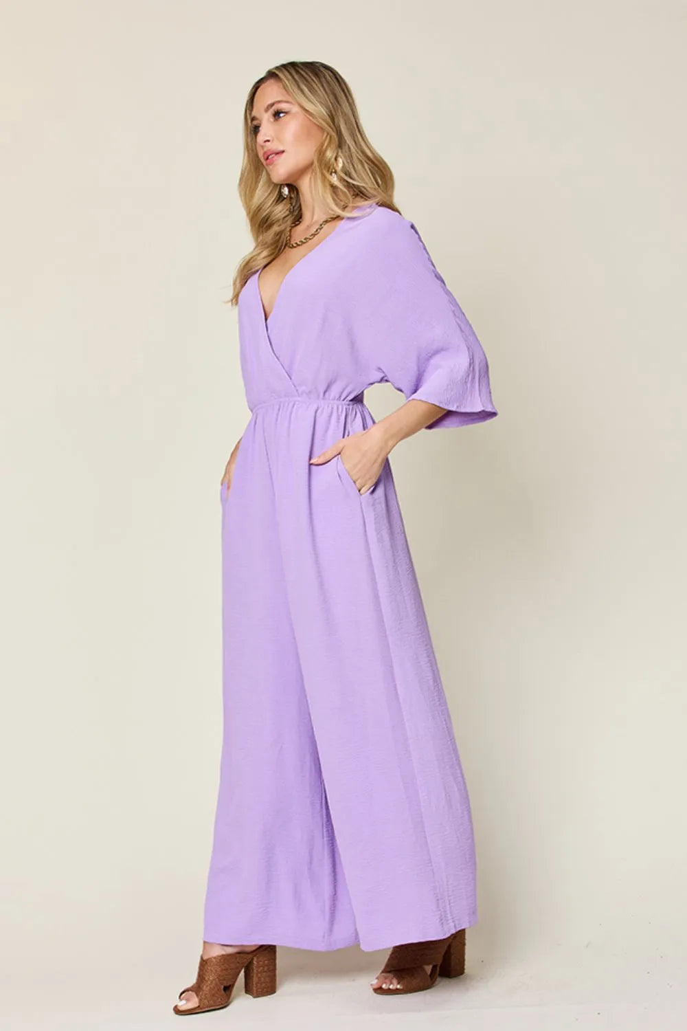 Double Take Full Size Surplice Wide Leg Jumpsuit with Pockets - Lilixa.store