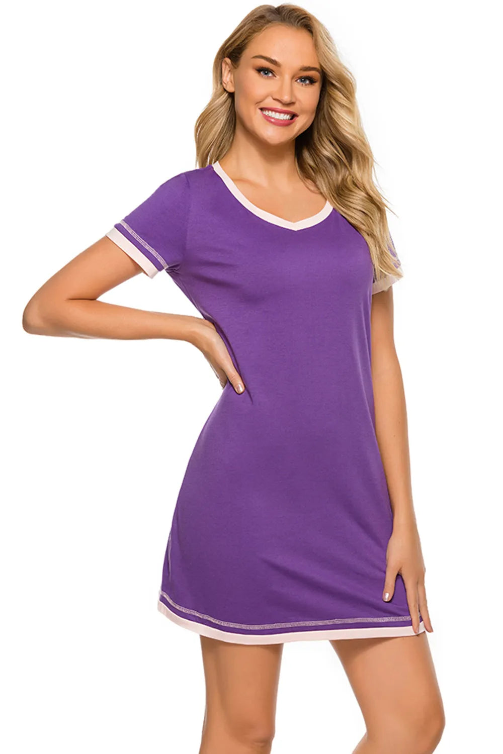 Contrast Trim Short Sleeve Lounge Dress - Lilixa.store