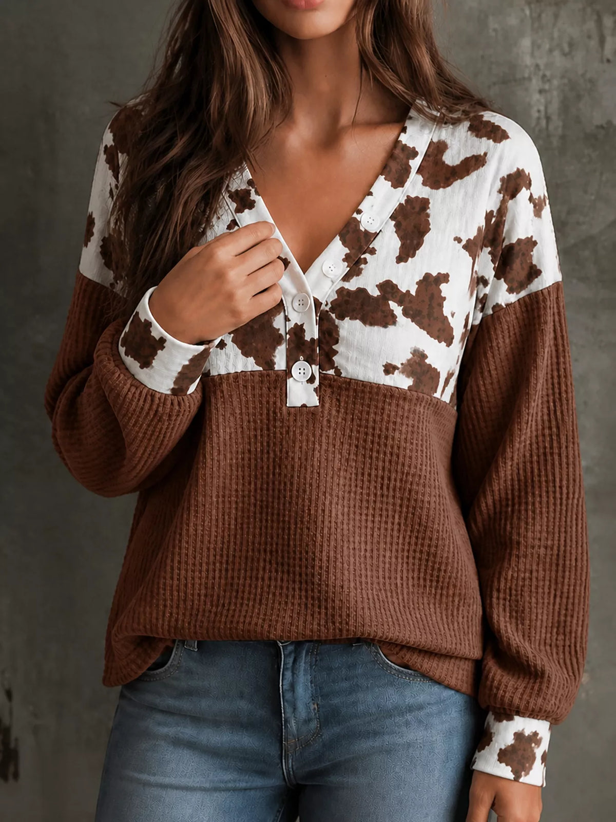 Cow Print Color Block Waffle Knit Blouse - Lilixa.store