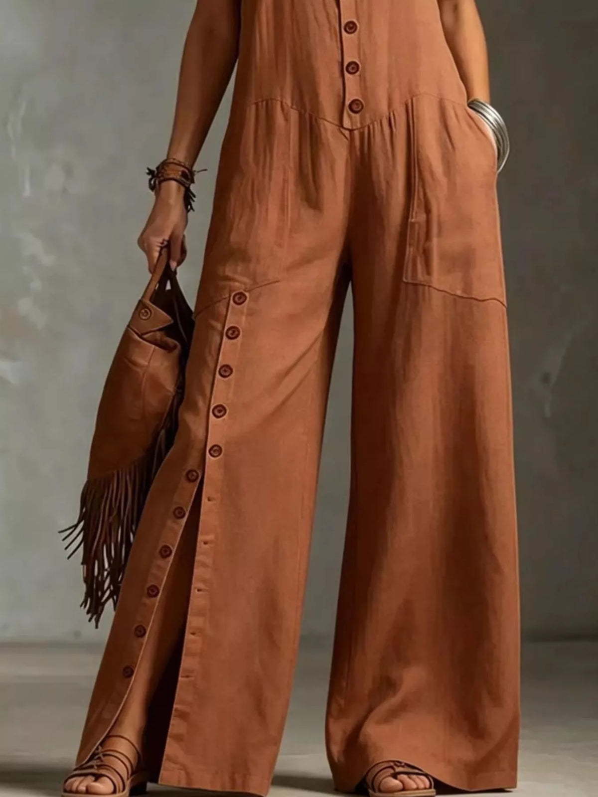 Full Size Sleeveless Button Front Wide Leg Jumpsuit Plus Size - Lilixa.store