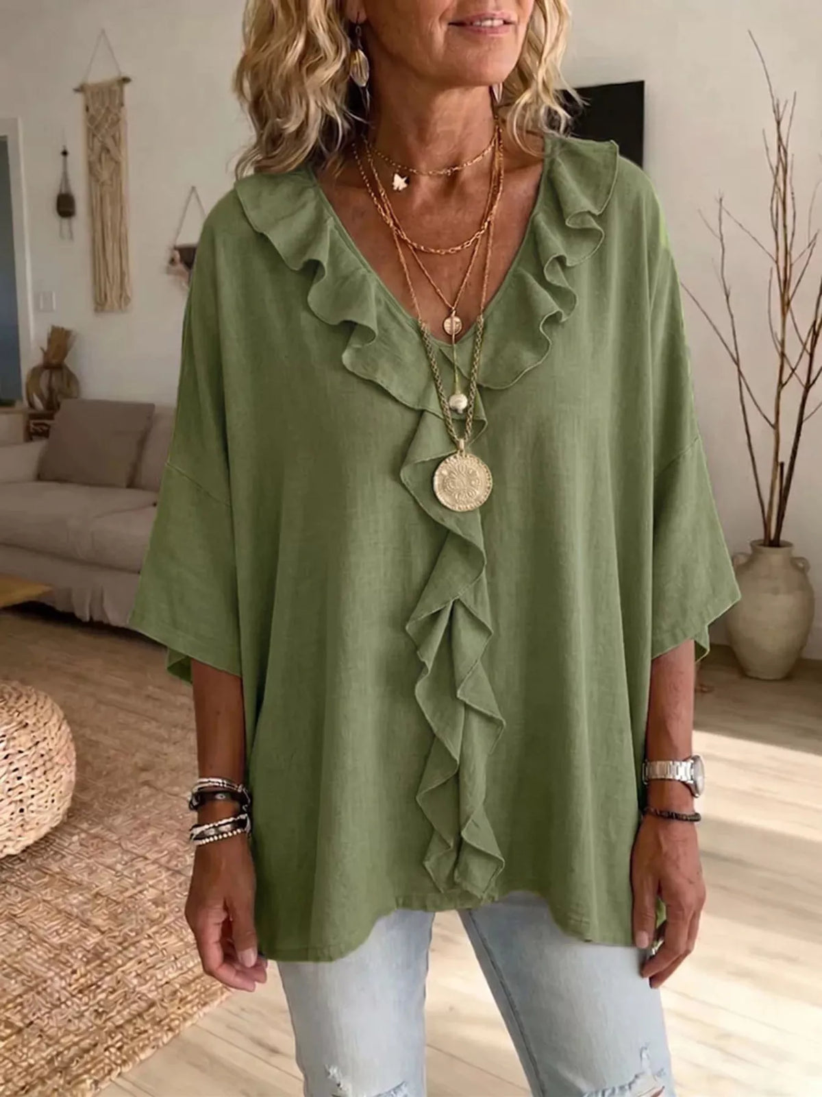 Full Size Ruffled V-Neck 3/4 Sleeve Blouse Plus Size in Green