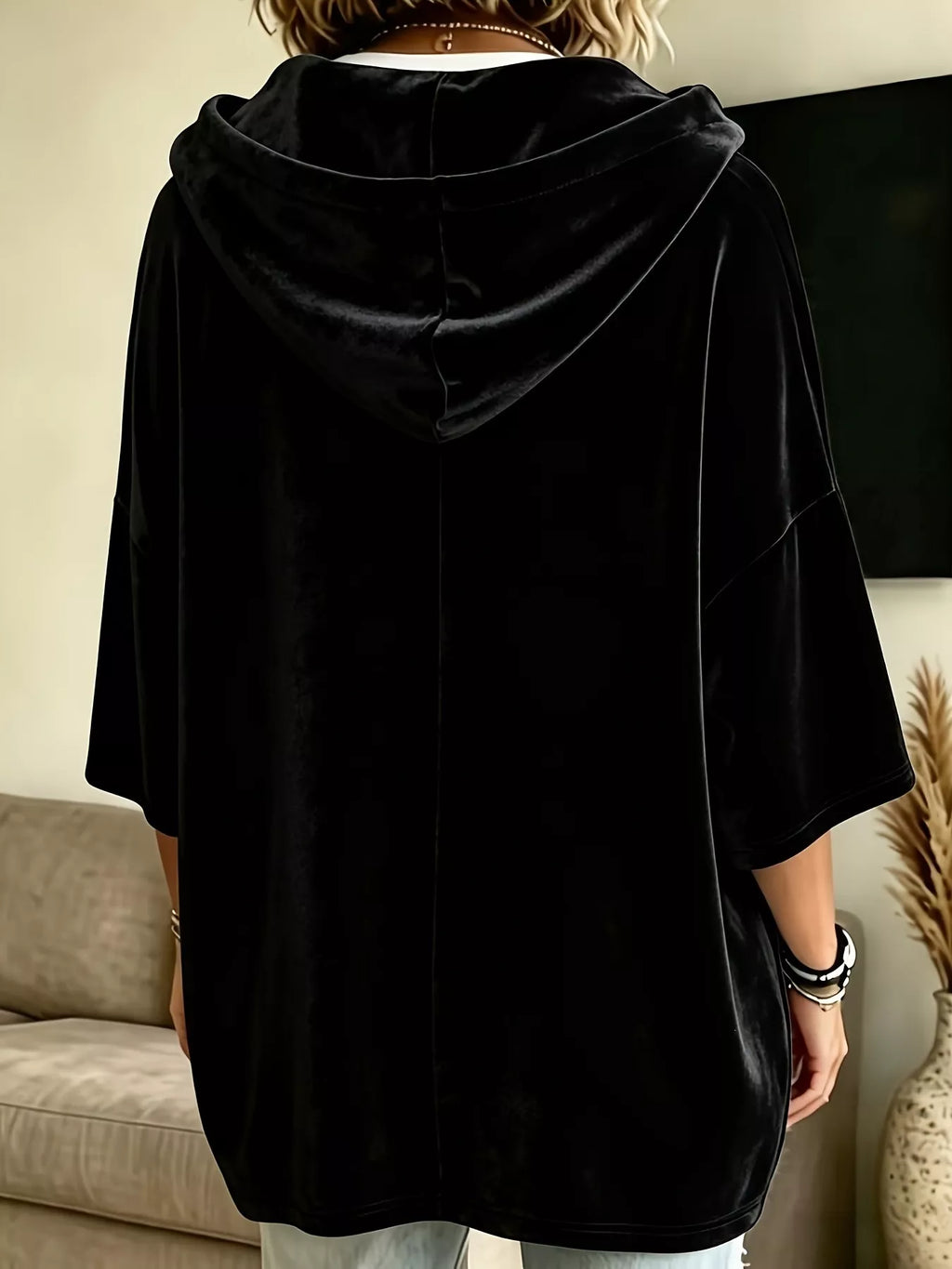 Full Size Velvet 3/4 Sleeve Hoodie with Kangaroo Pocket Plus Size - Lilixa.store
