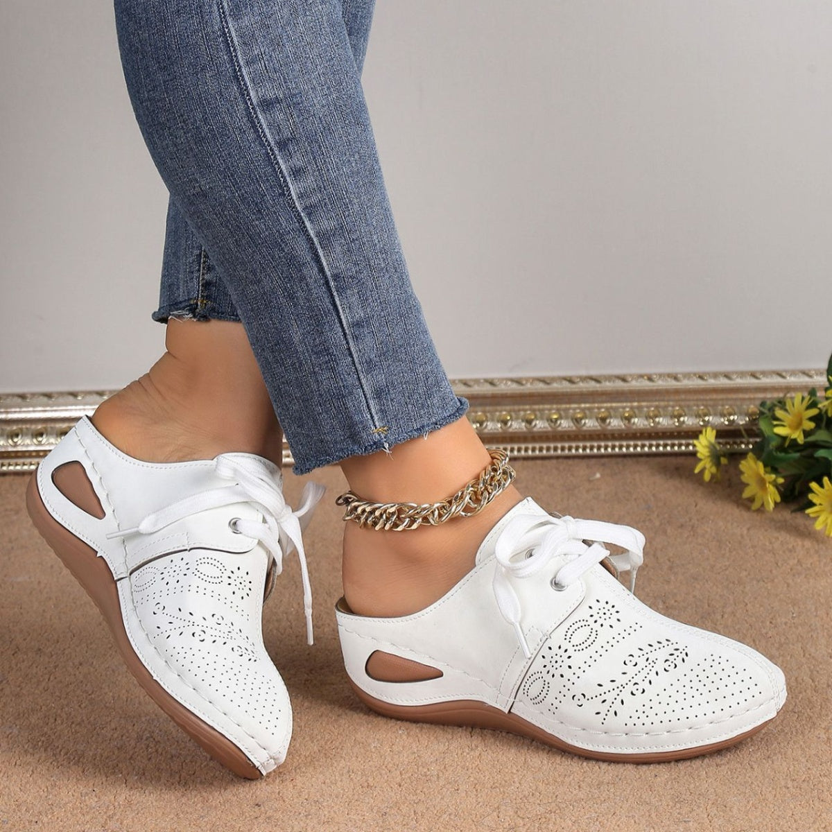 Lace-Up Wedge Slip-Ons in White