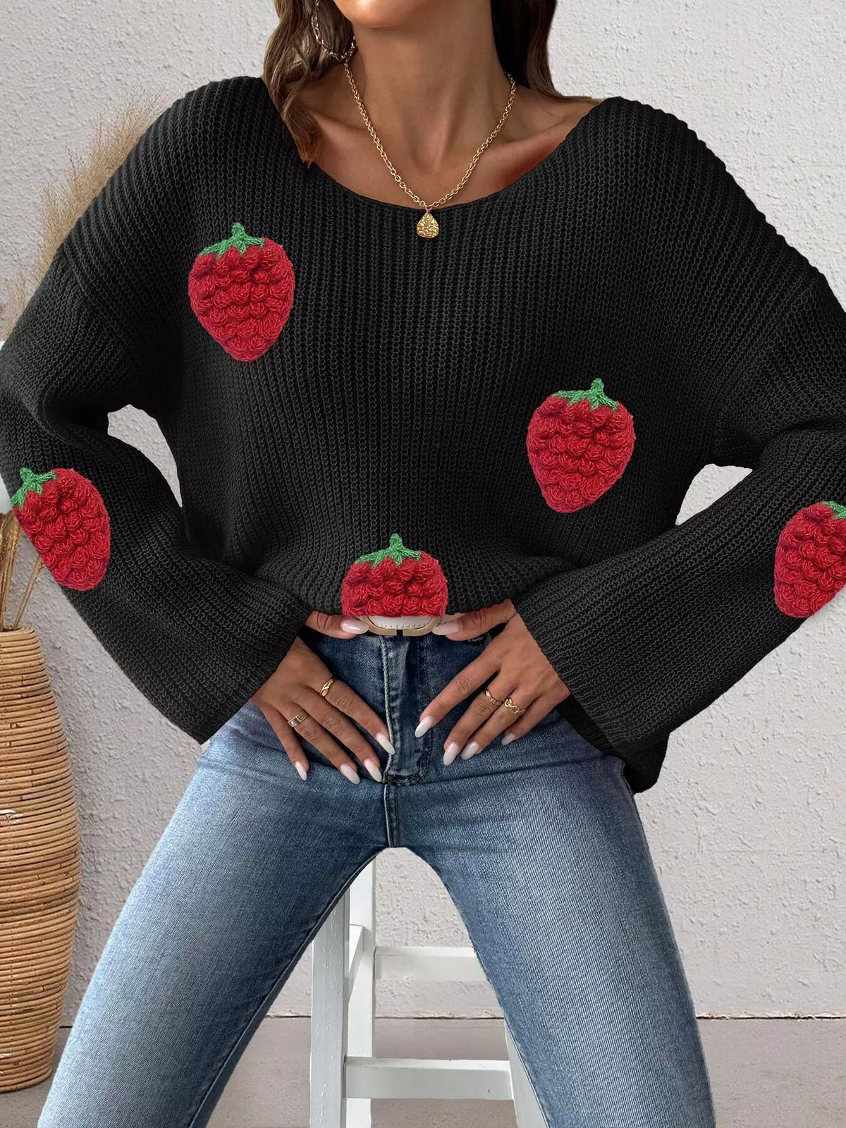 Strawberry Applique Oversized Sweater