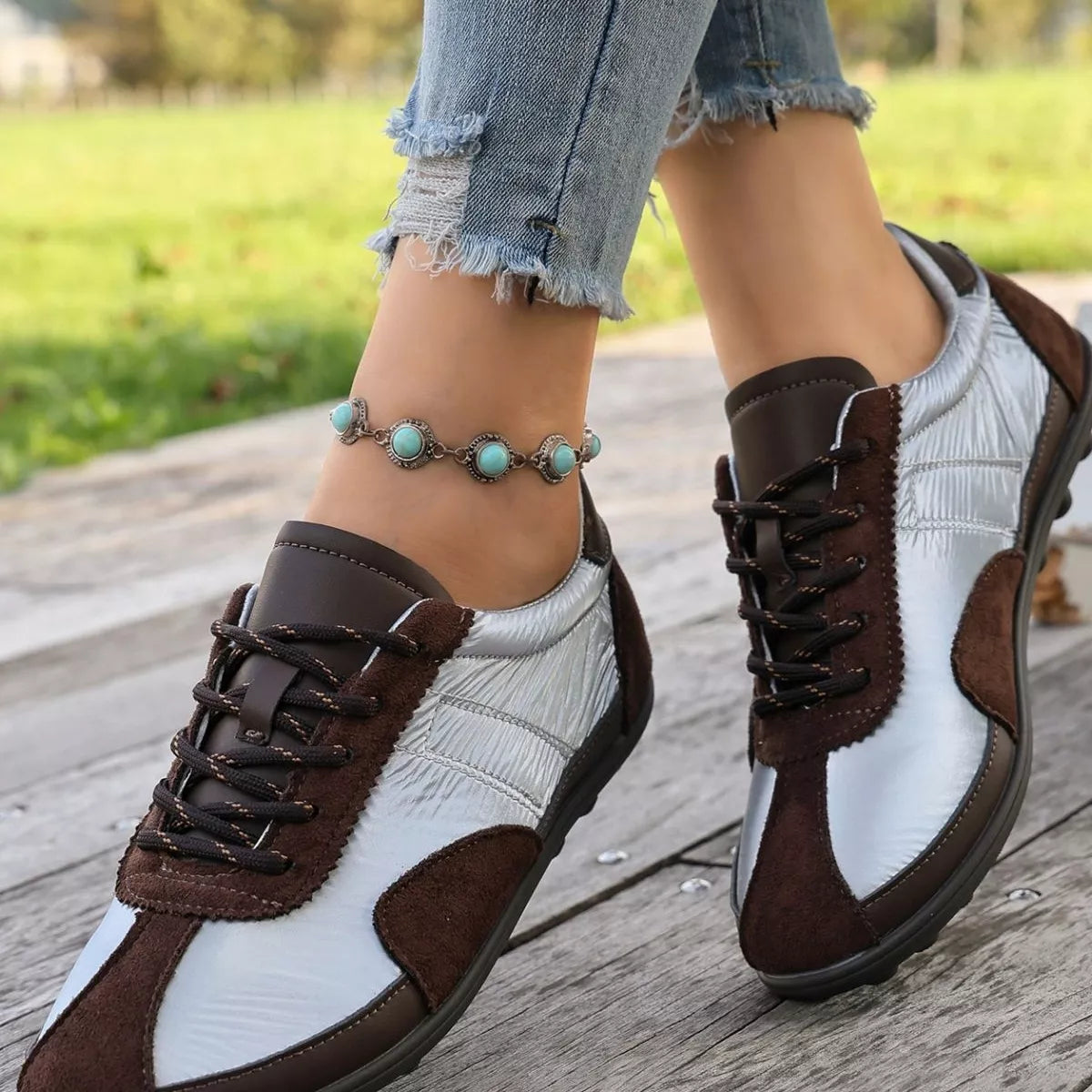 Casual Color-Block Suede and Metallic Texture Sneakers, view 2