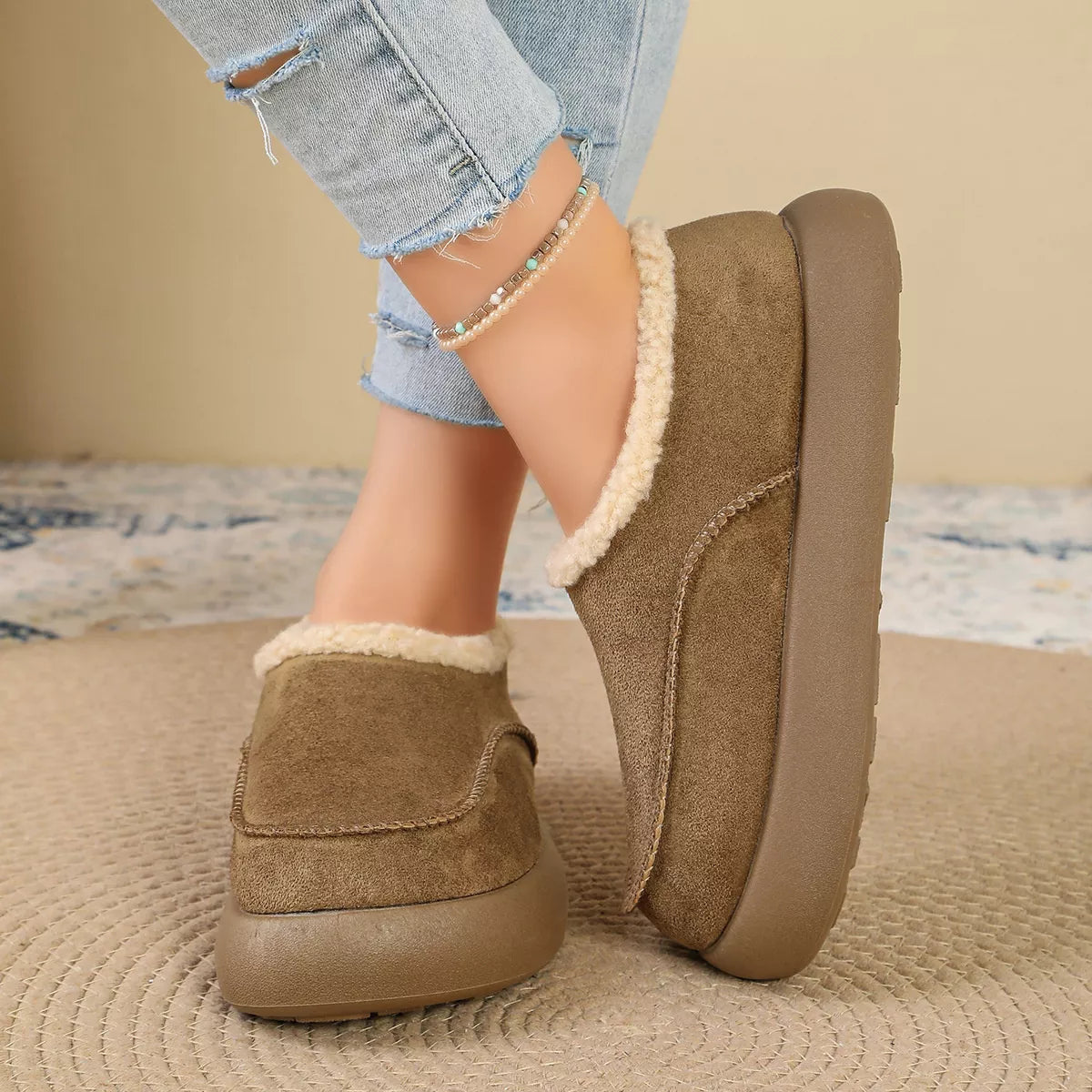 Plush-Lined Suede Platform Slip-On Boots, view 7