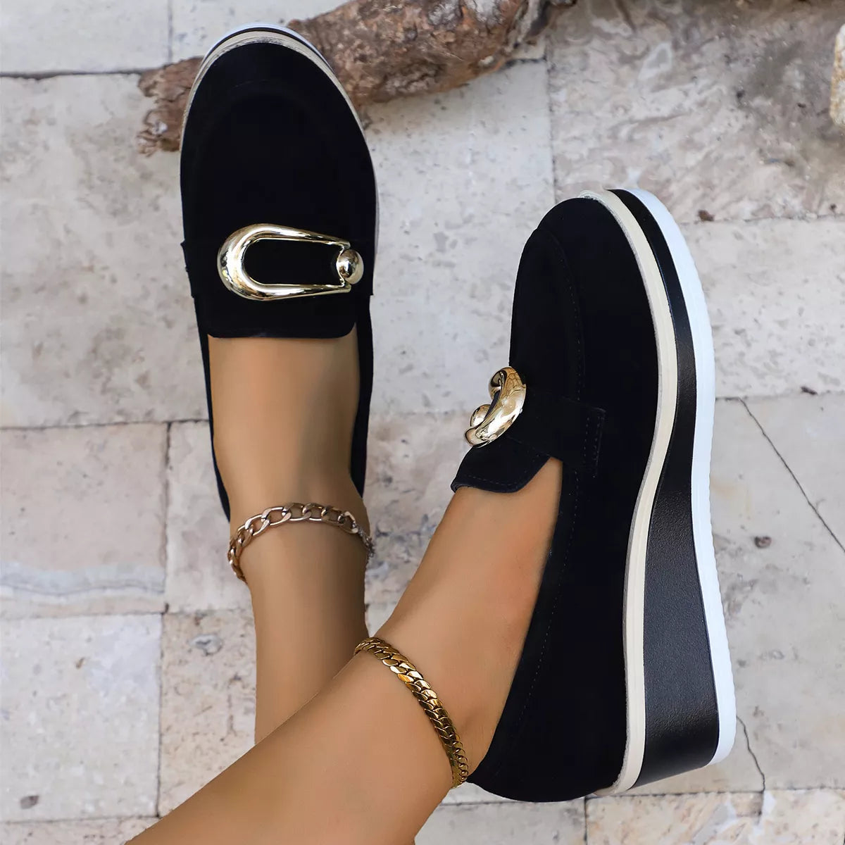 Round Toe Wedge Loafers in Black, view 4