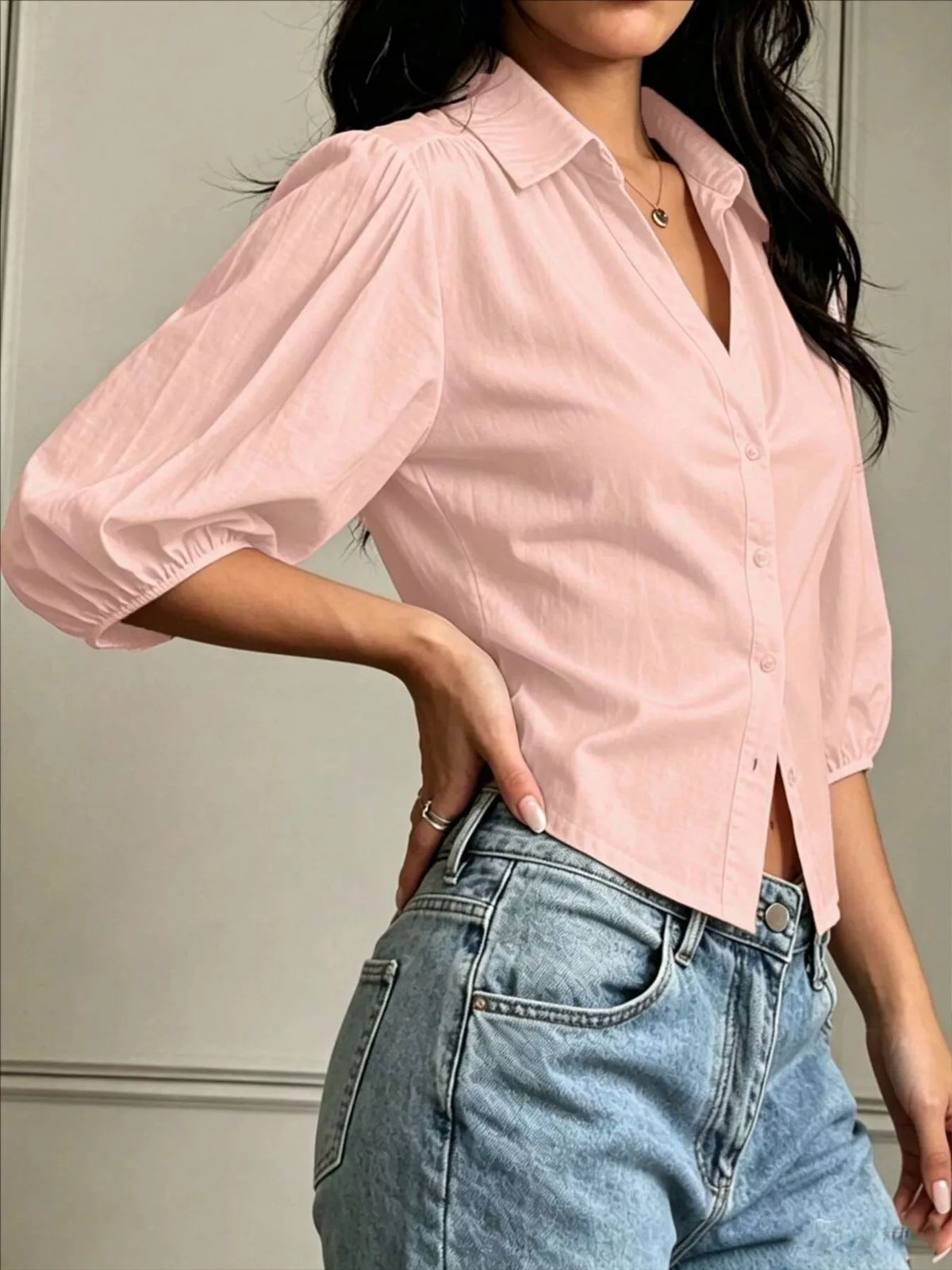 Button-Down Shirt with Puff Sleeves, view 10