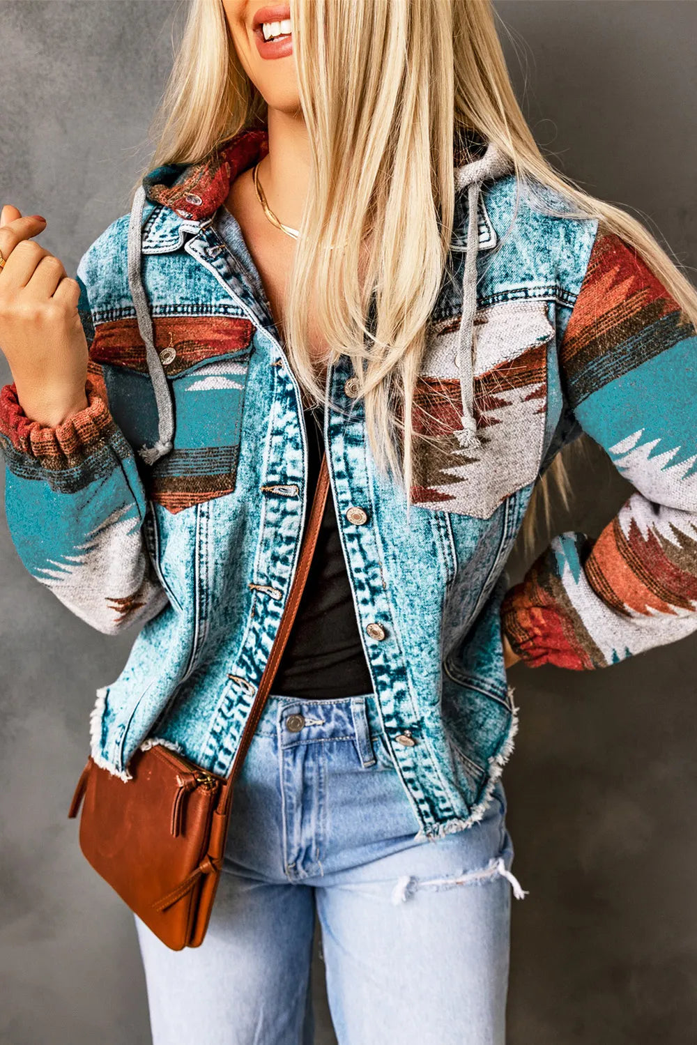 Drawstring Hooded Pocketed Denim Jacket, view 6