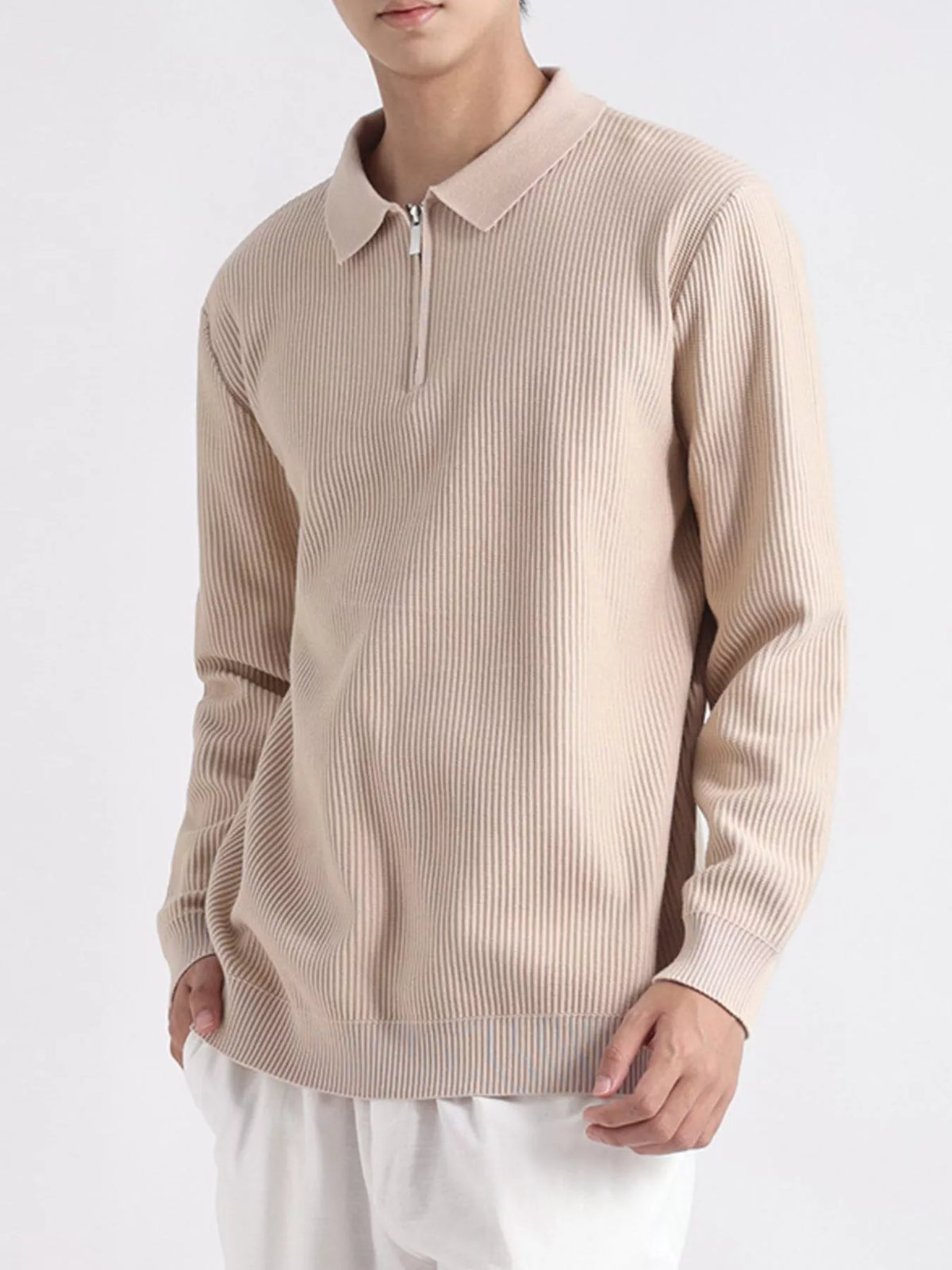 Men's Plus Size Quarter-Zip Ribbed Knit Top in Light Apricot