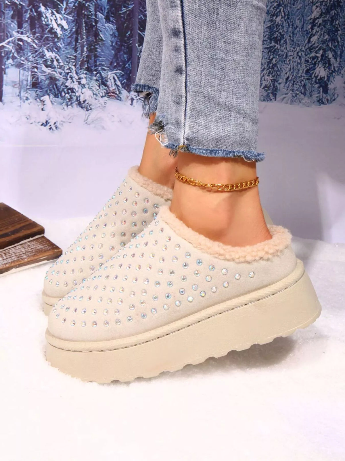 Rhinestone Round Toe Platform Slippers - Lilixa.store