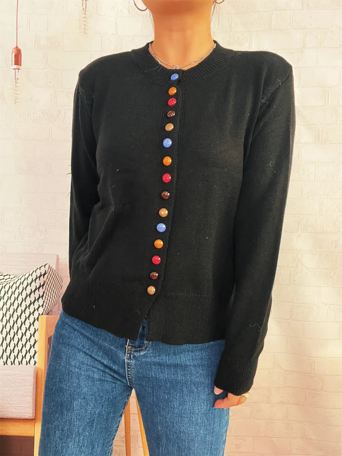 Button-Front Cardigan with Colorful Detail Buttons - Lilixa.store