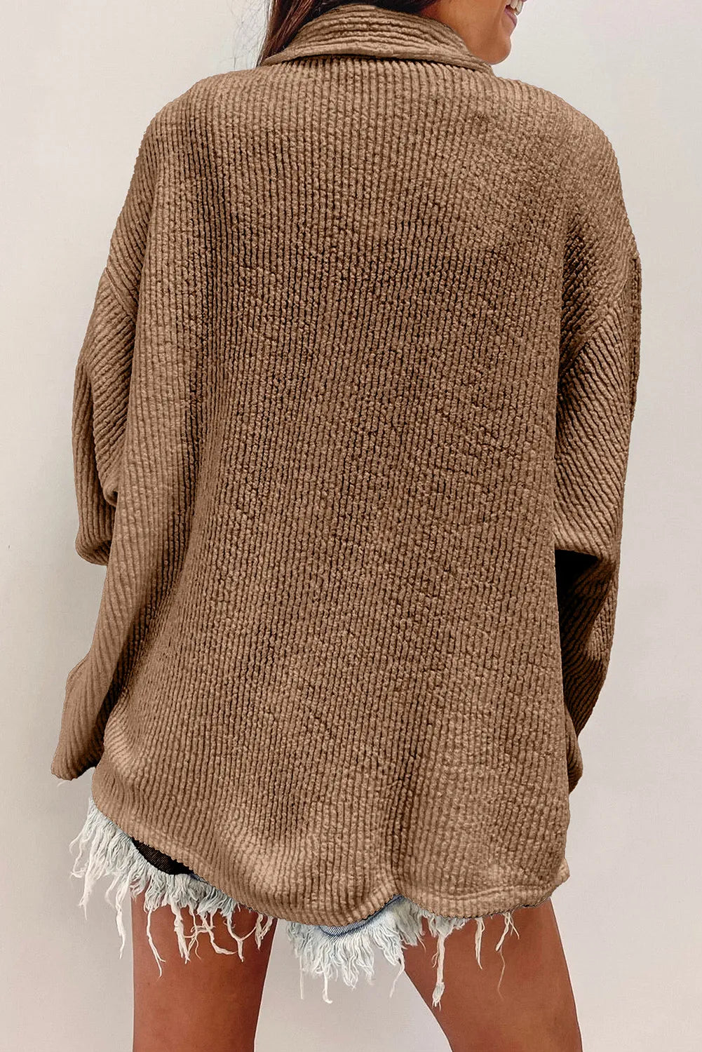 Button Up Long Sleeve Shacket in Camel, view 3