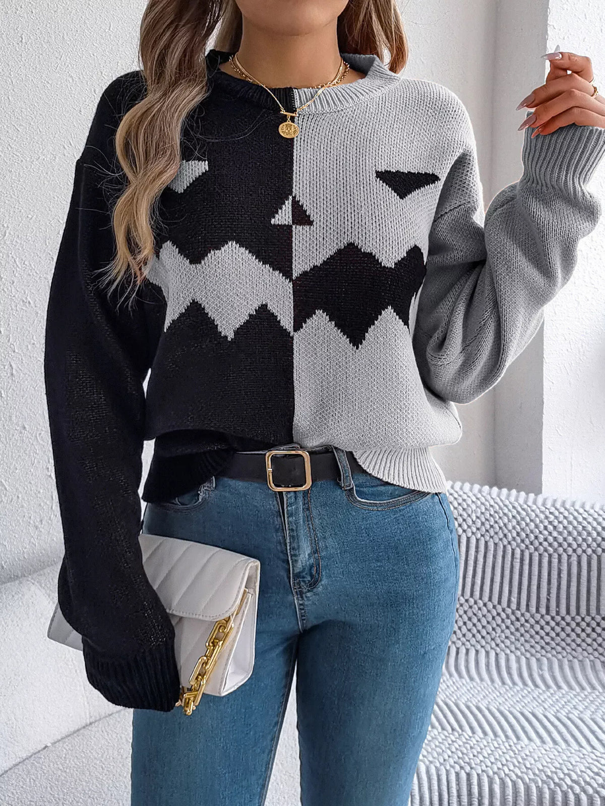 Pumpkin Face Graphic Two Tone Sweater