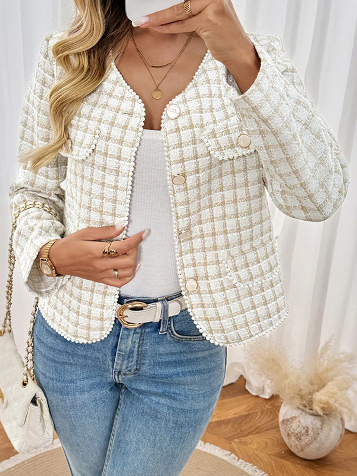 Pearl Trim Button Up Tweed Outerwear - Lilixa.store