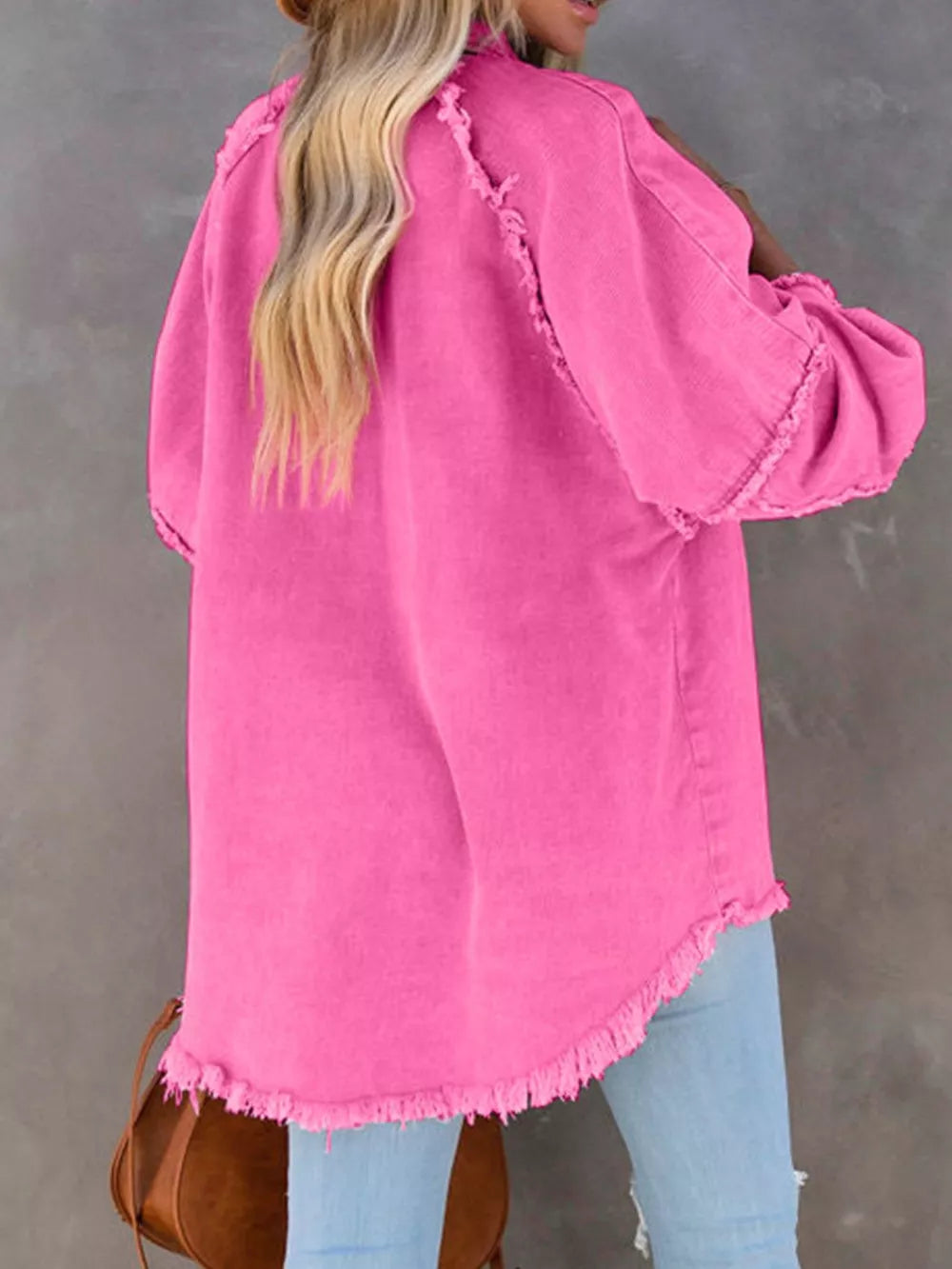 Button Down Raw Hem Denim Jacket - Lilixa.store