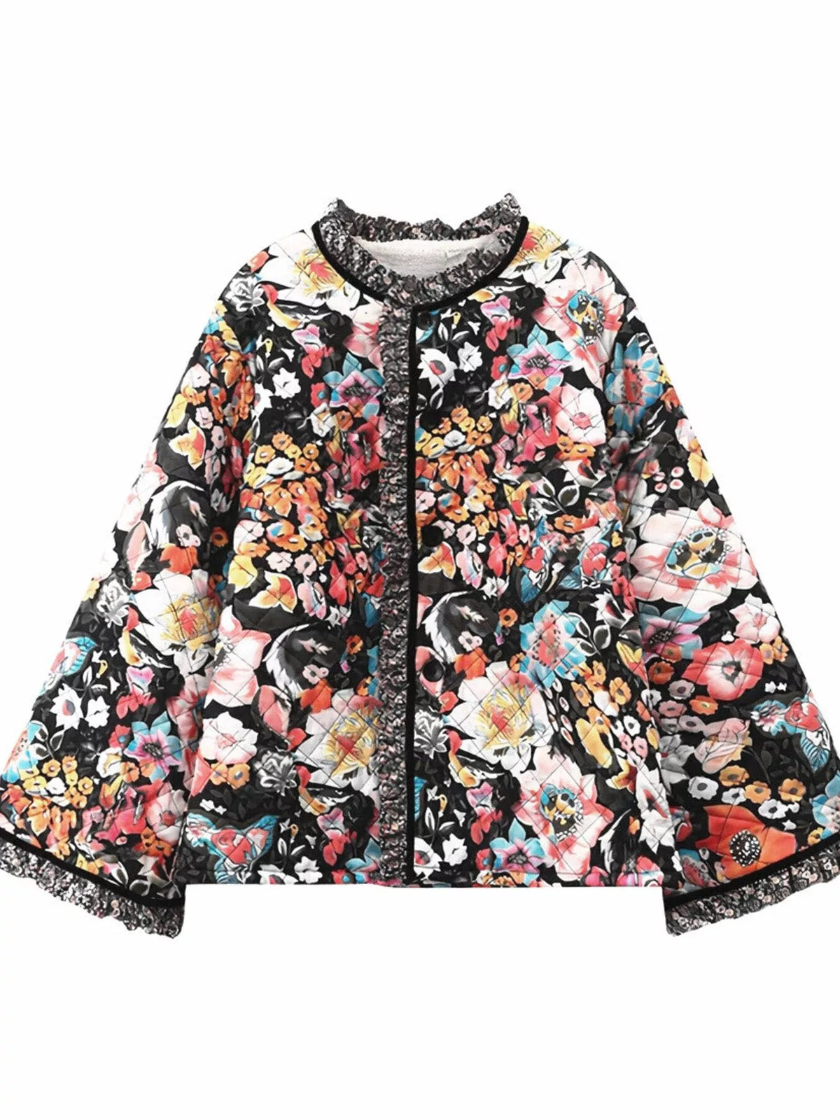 Full Size Floral Print Quilted Sherpa-Lined Jacket Plus Size - Lilixa.store