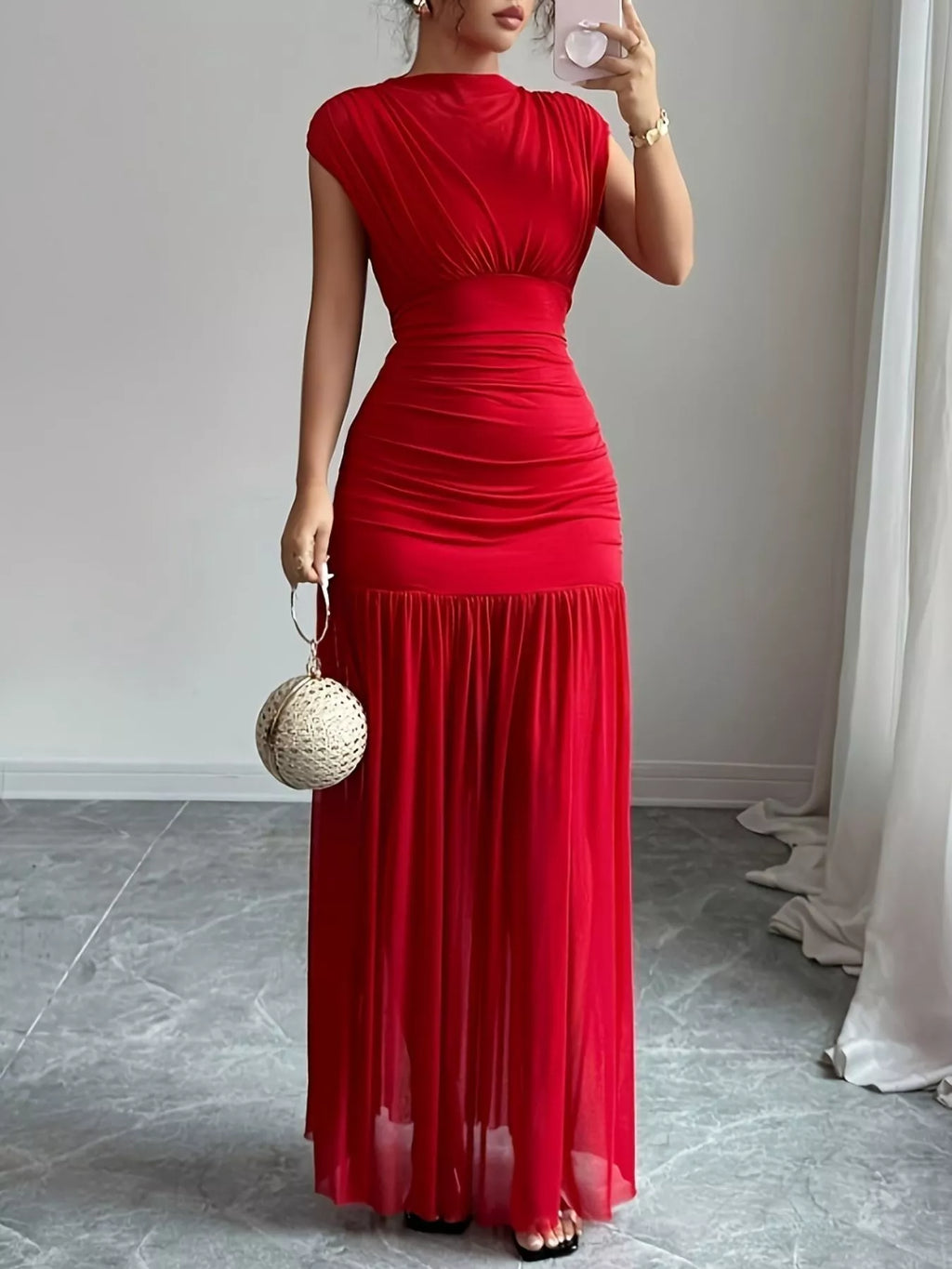 Ruched Cap Sleeve Maxi Dress - Lilixa.store