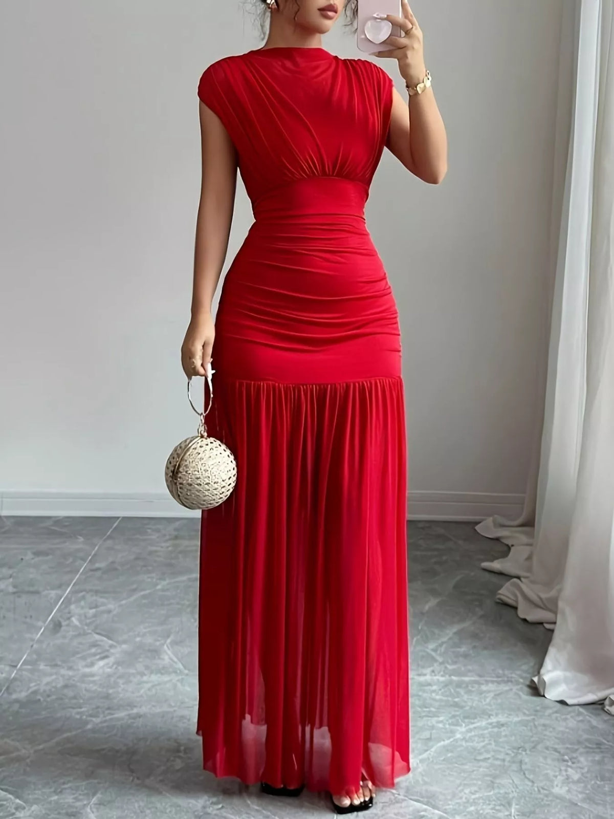 Ruched Cap Sleeve Maxi Dress - Lilixa.store