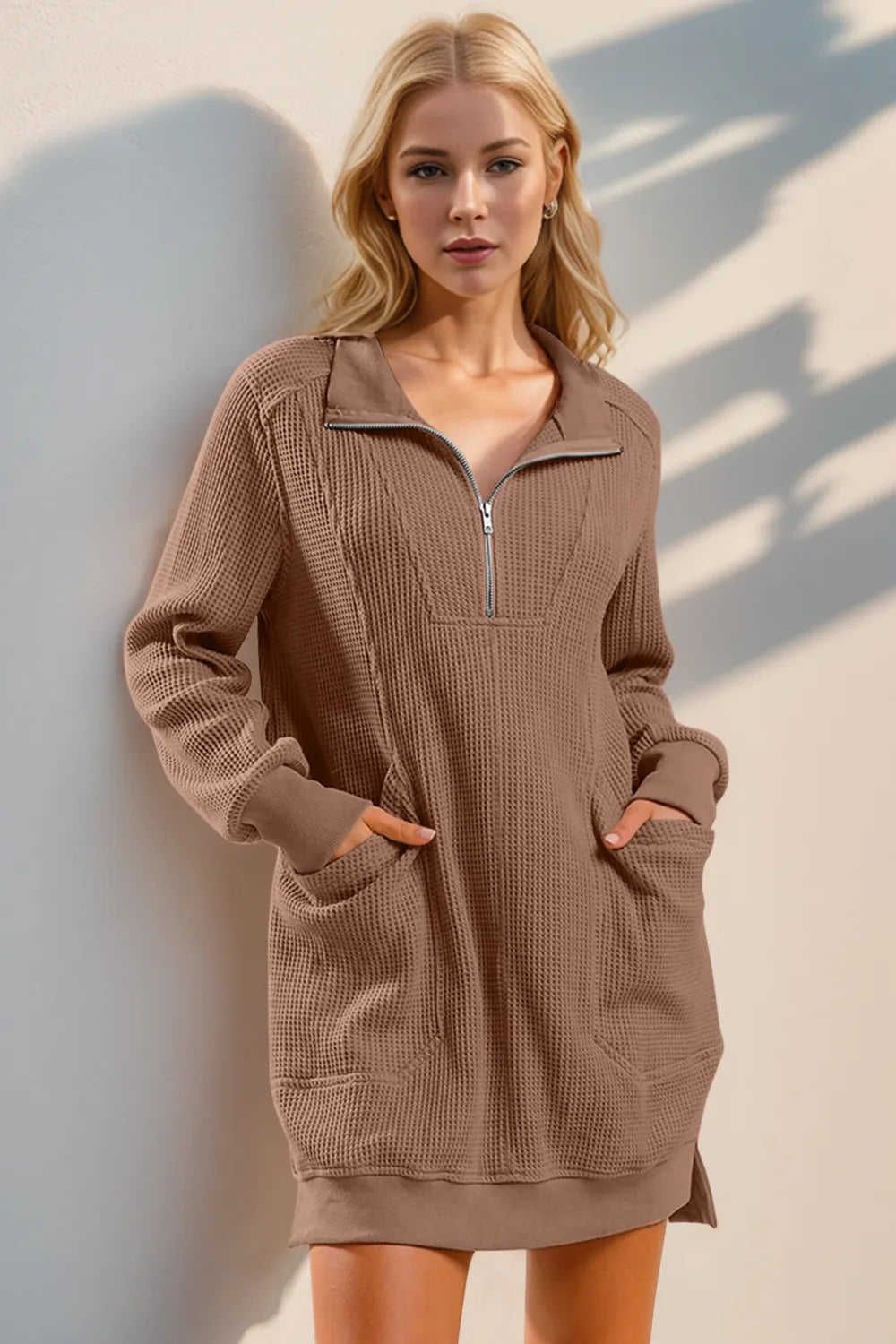 Double Take Waffle Long Sleeve Mini Dress with Pockets in Taupe