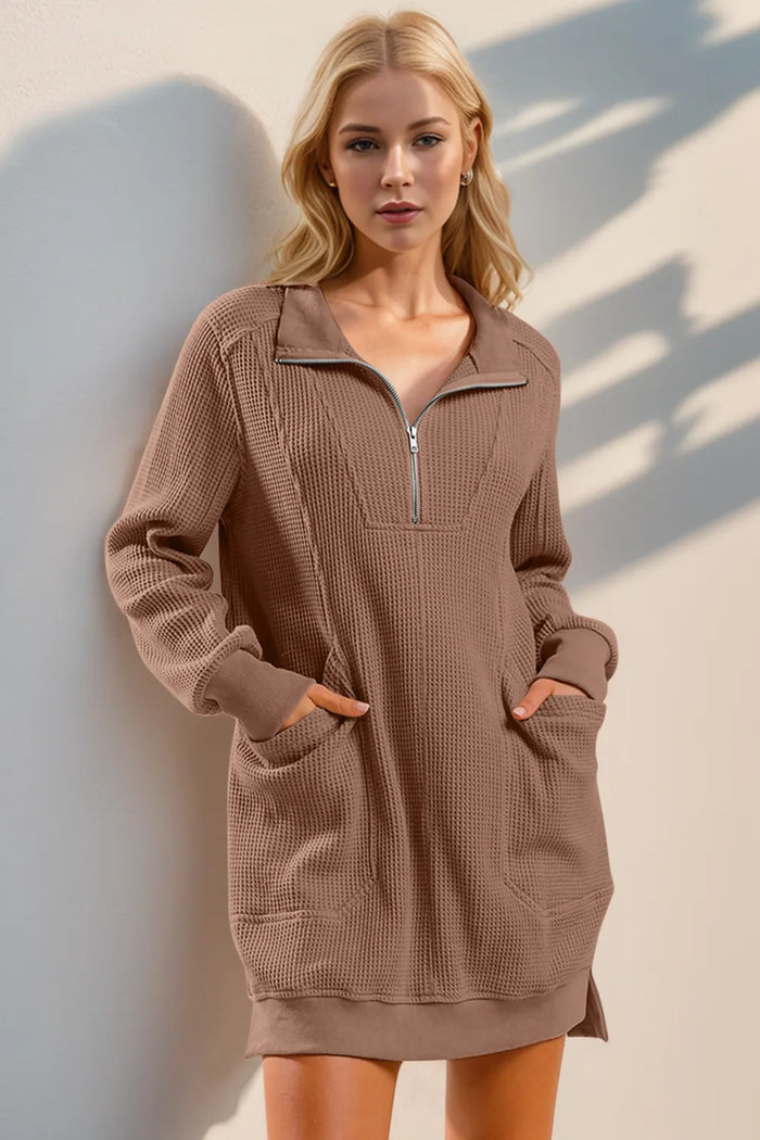 Double Take Waffle Long Sleeve Mini Dress with Pockets in Taupe