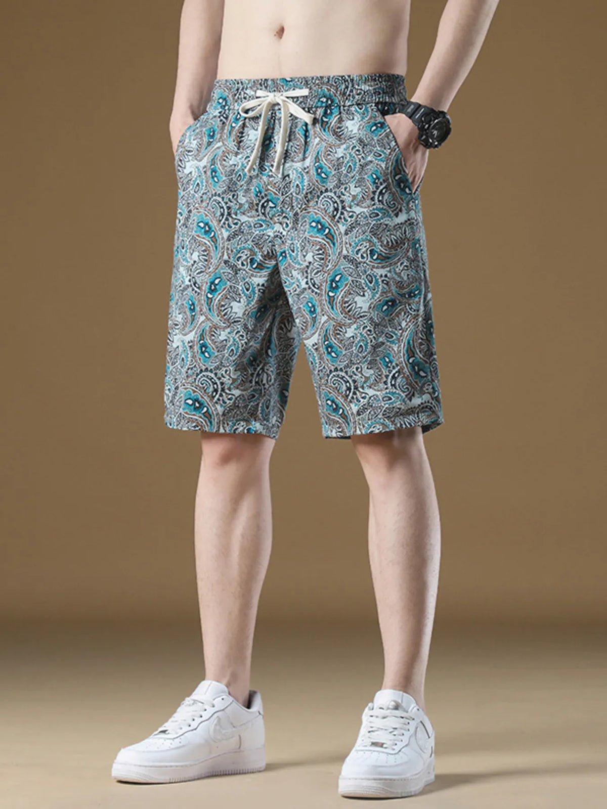 Men's Plus Size Paisley Print Drawstring Beach Shorts in French Blue