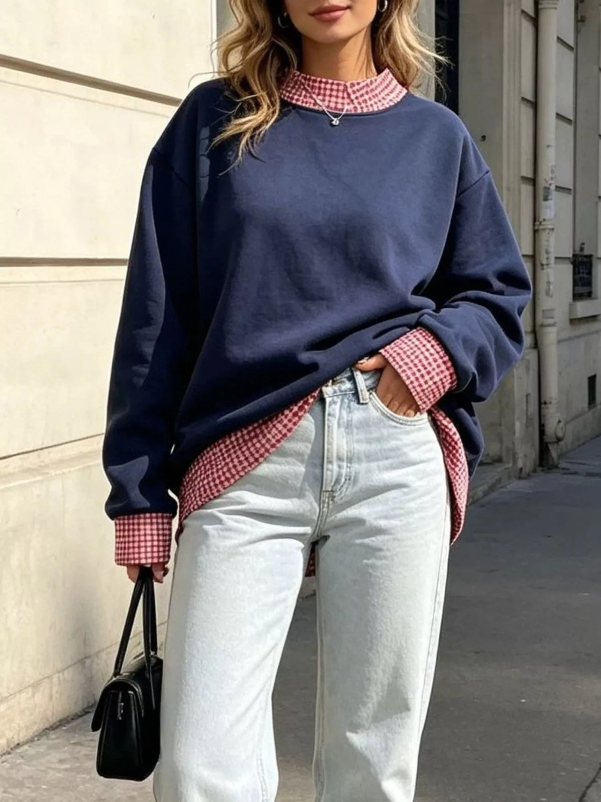 Polka Dot Contrast Trim Dropped Shoulder Sweatshirt - Lilixa.store