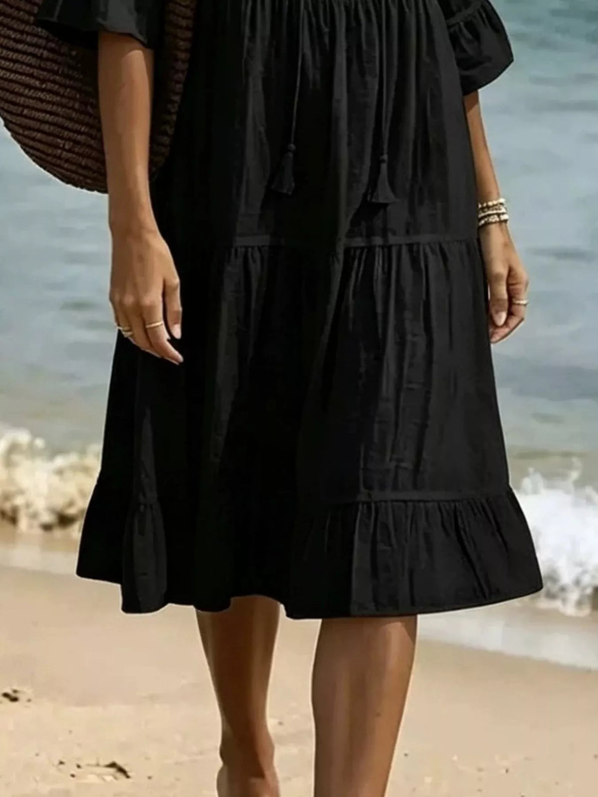 Full Size Tiered Tie Neck Flounce Sleeve Dress Plus Size - Lilixa.store