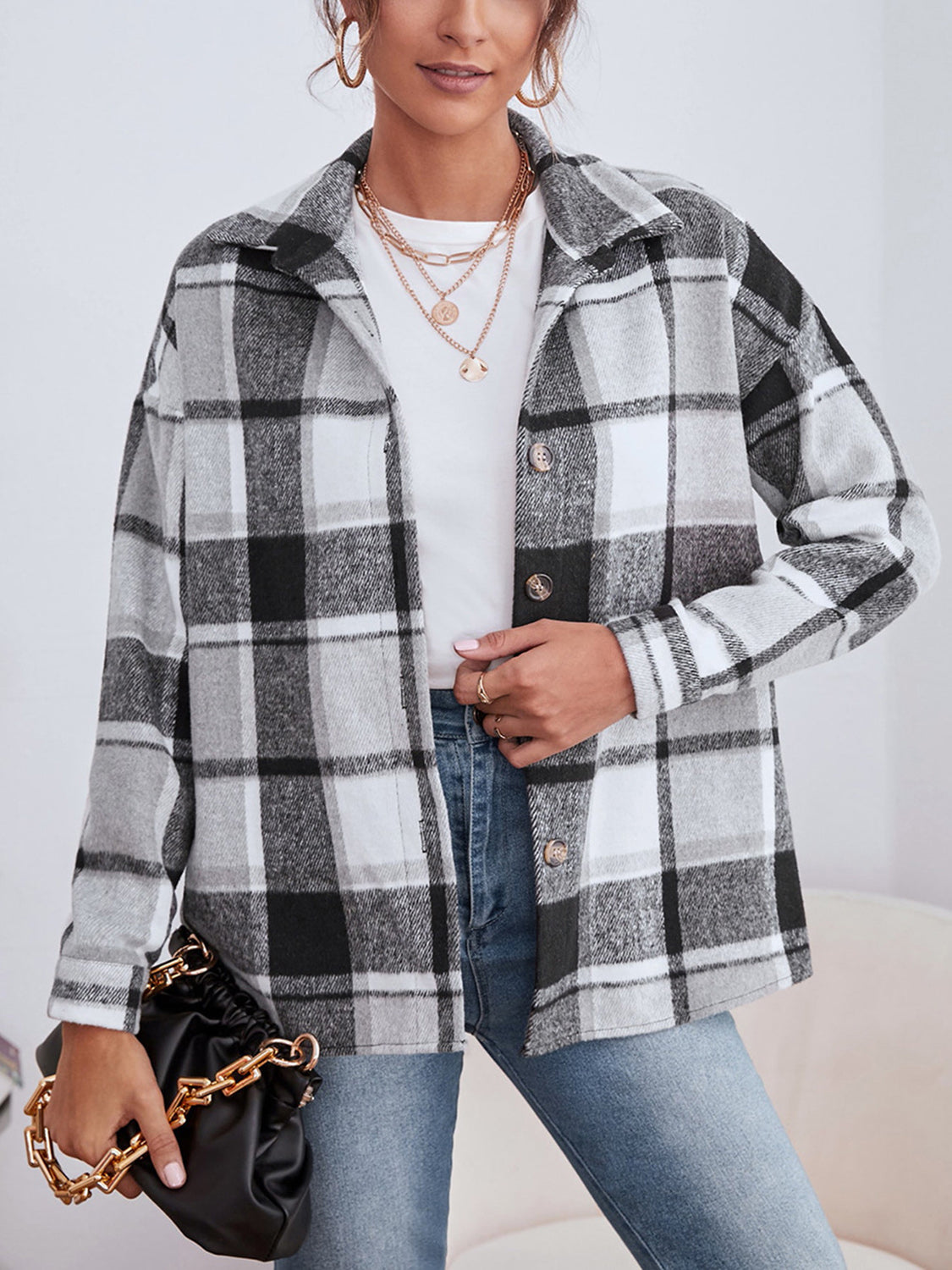 Plaid Collared Neck Button Down Jacket in White