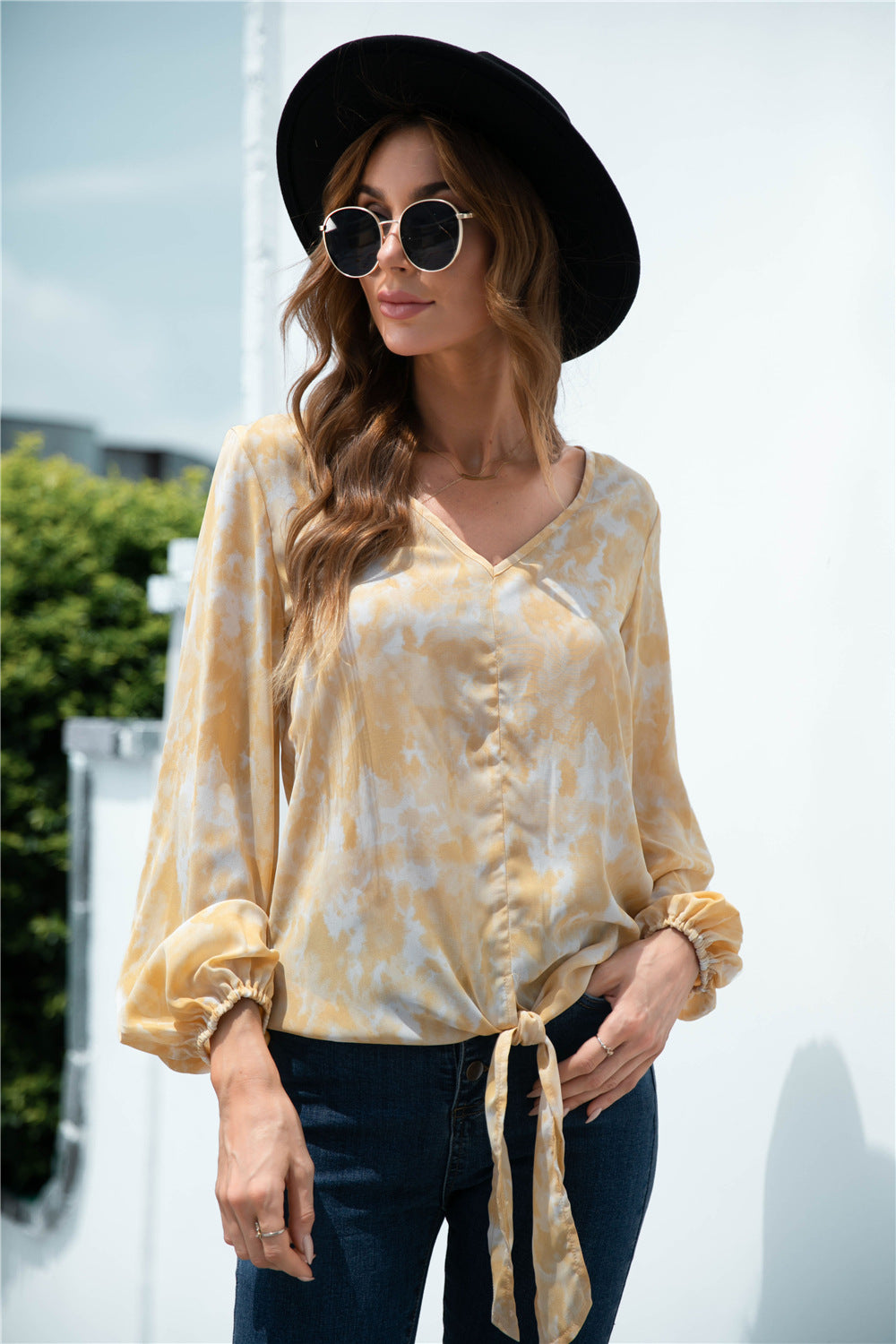Tie-Dye Tied Balloon Sleeve Blouse in Light Yellow, view 4