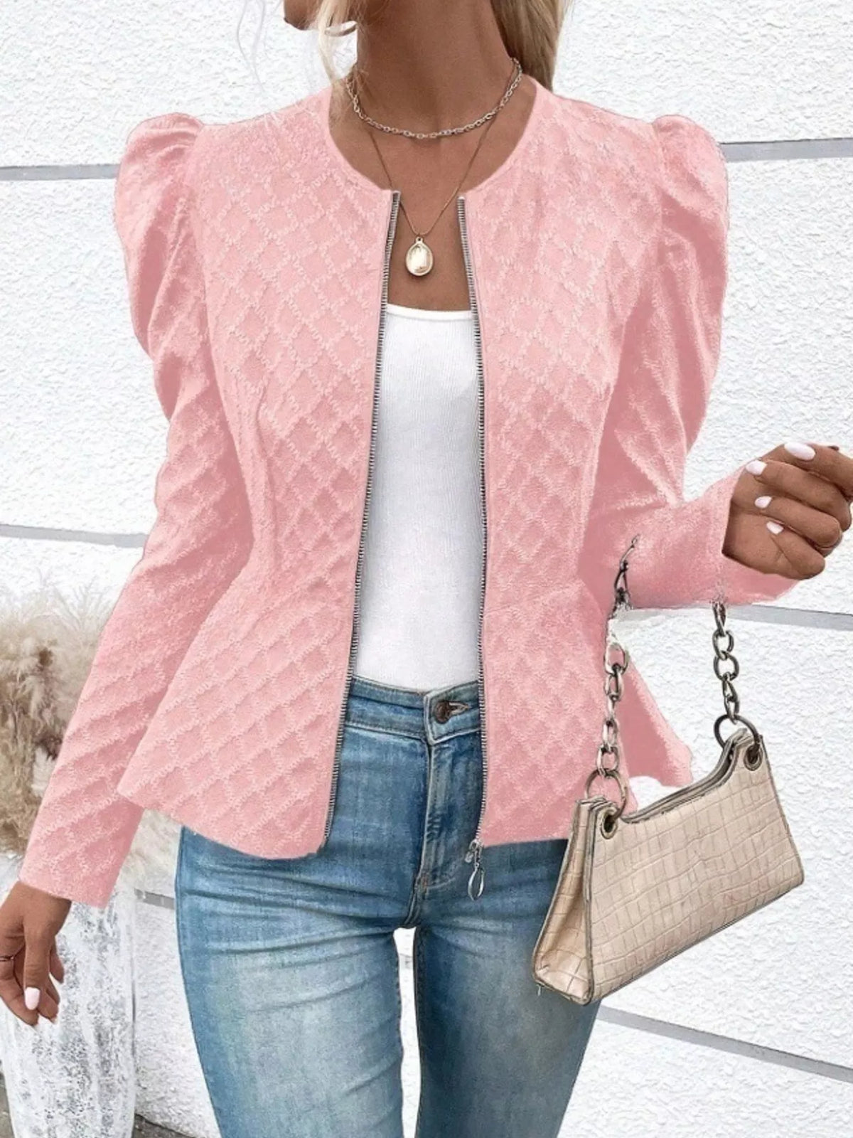 Puff Sleeve Textured Jacquard Jacket in Pink
