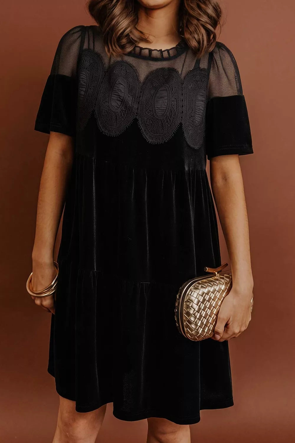 Embroidered Velvet Short Sleeve Mini Shift Dress in Black, view 3