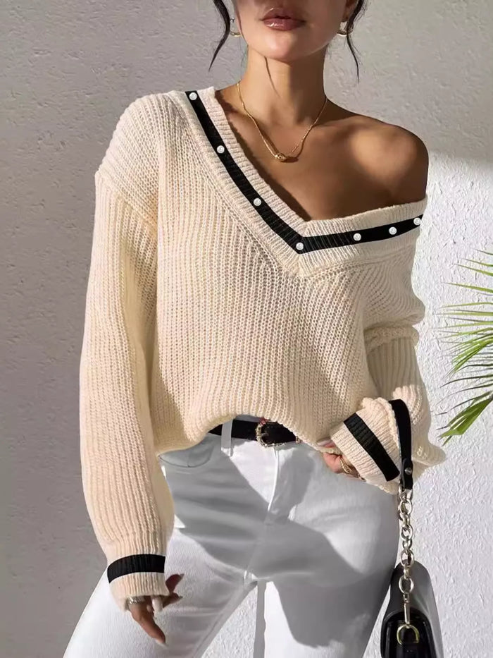 V-Neck Contrast Trim Sweater with Pearl Decor in Tan