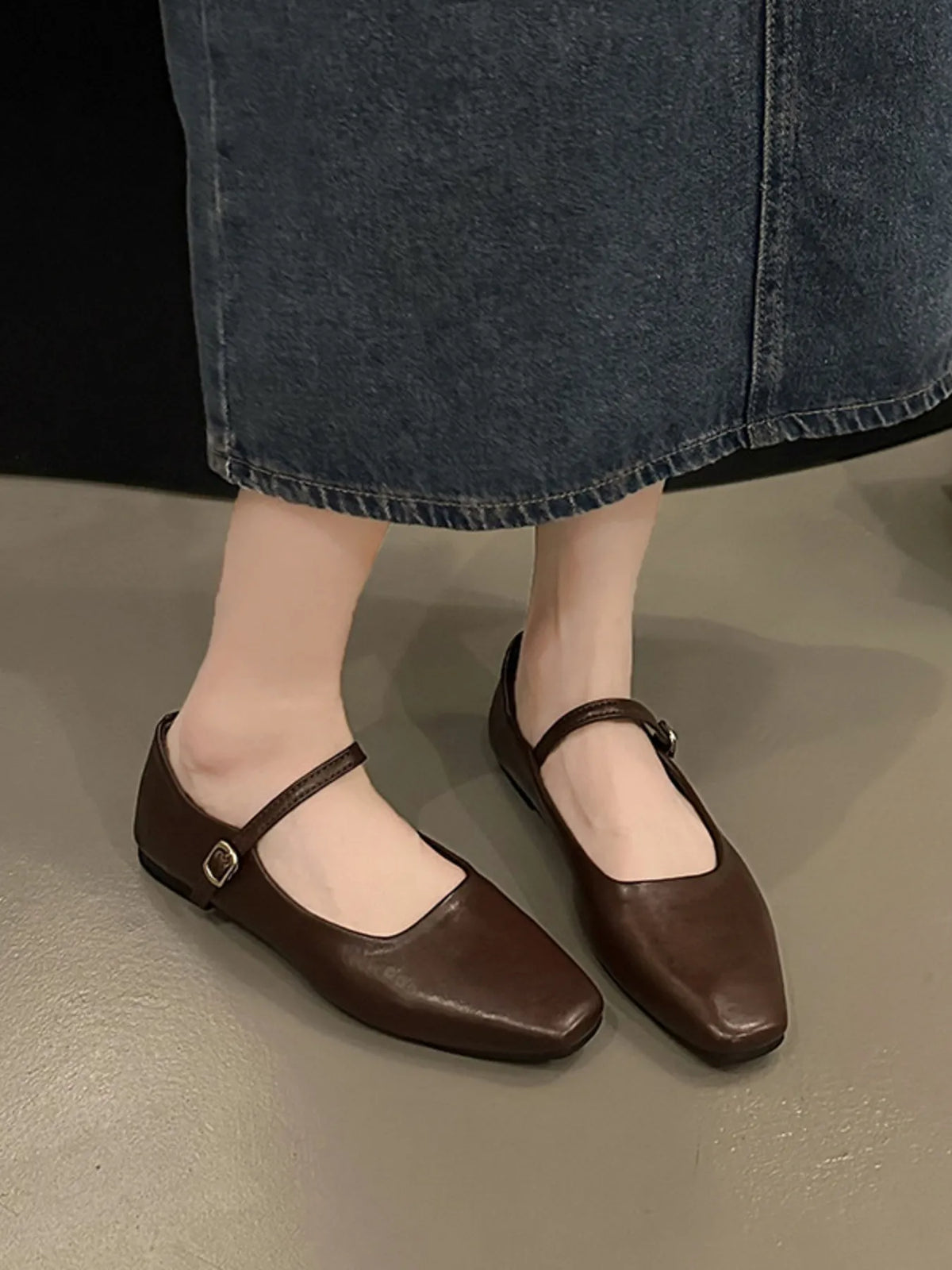 Leather Buckle Mary Jane Loafers in Brown