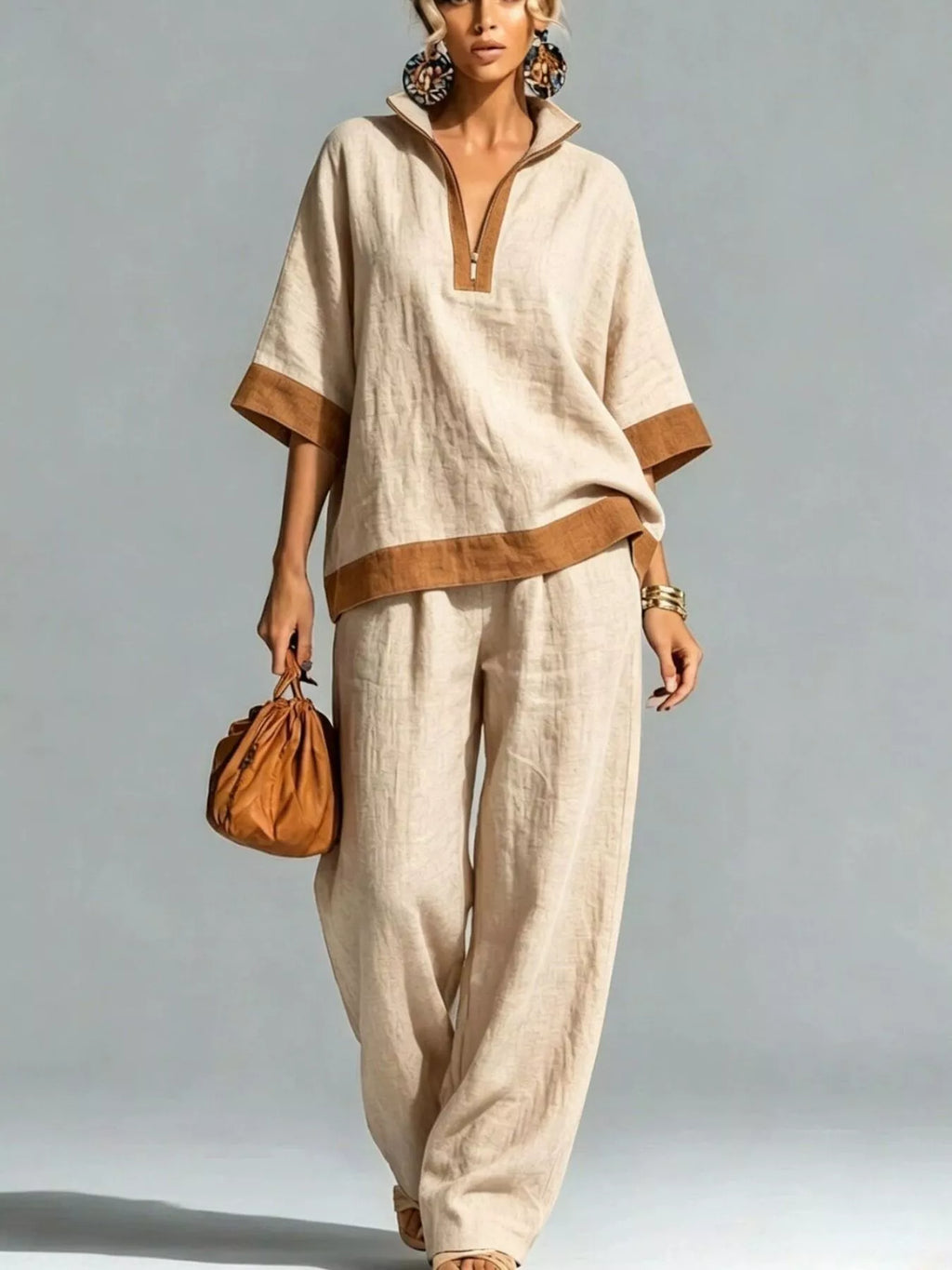 Full Size Contrast Trim Top and Wide Leg Pants Set Plus Size - Lilixa.store