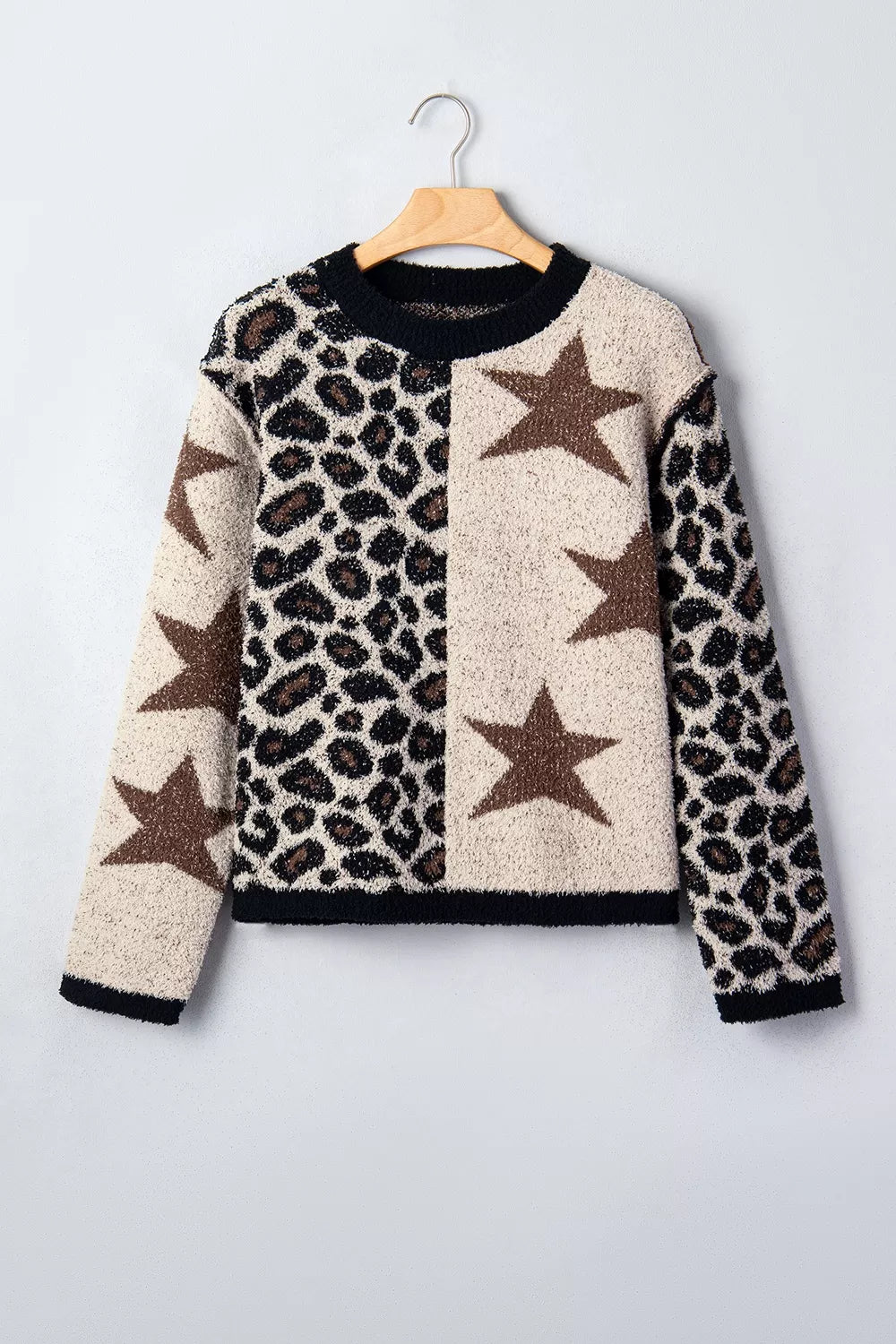 Leopard Star Pattern Round Neck Long Sleeve Shift Sweater - Lilixa.store