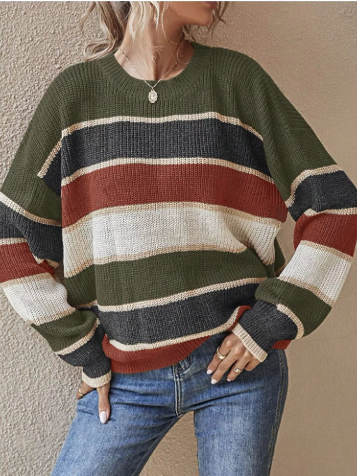 Color Block Striped Crew Neck Sweater