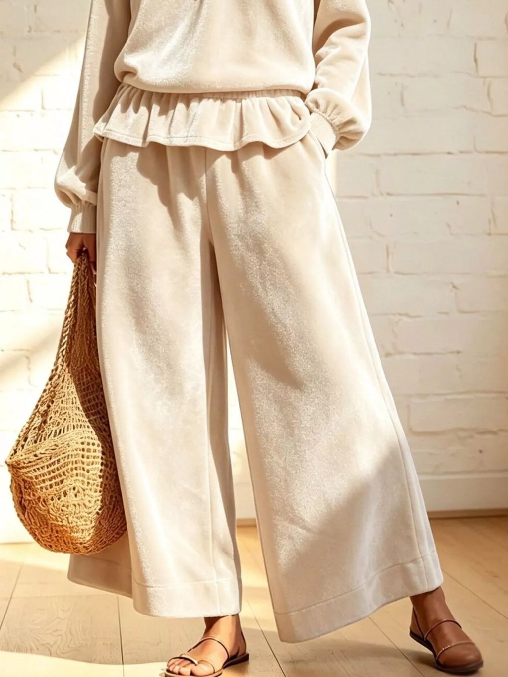 Velvet Peplum Top and Wide-Leg Pants Set - Lilixa.store
