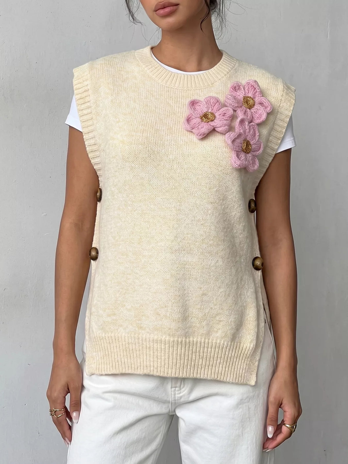 Side Button Sweater Vest with 3D Floral Appliques, view 5