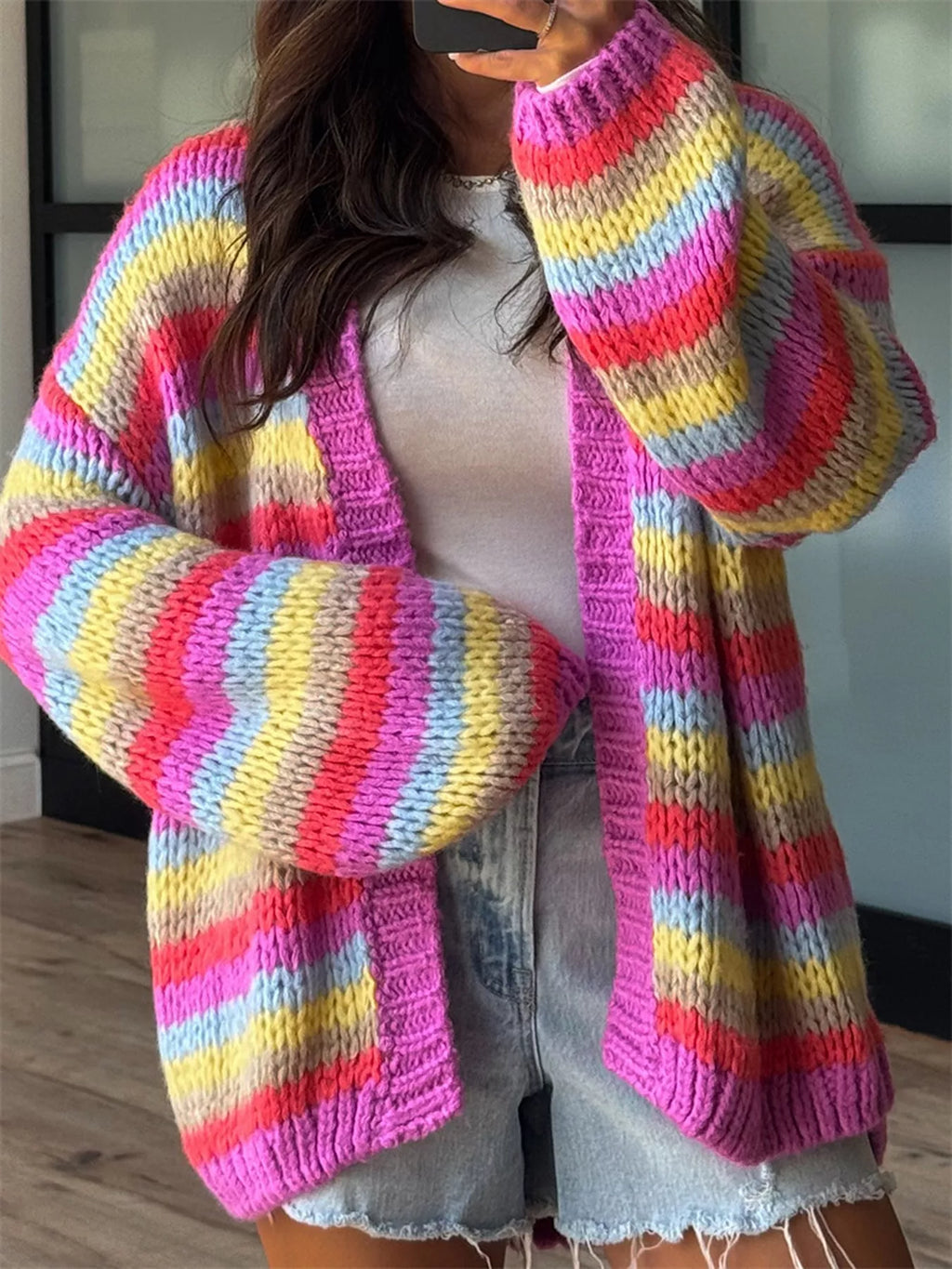 Multi-Color Striped Chunky Knit Open-Front Cardigan - Lilixa.store