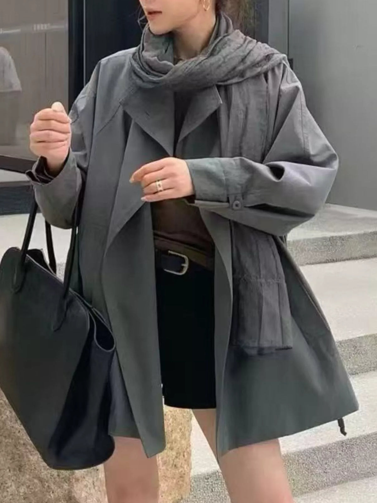 Open Front Long Sleeve Trench Coat in Dark Gray