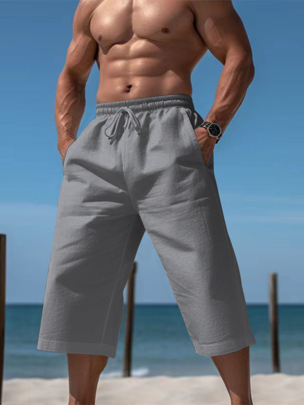 Men's Full Size Casual Drawstring Cropped Pants Plus Size in Grey