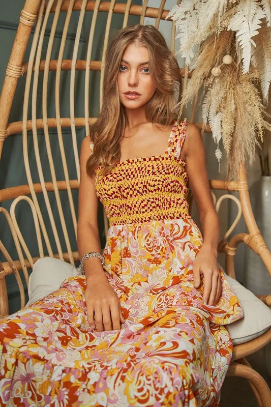 Davi & Dani Multi Smocked Bodice Geo Ruffle Strappy Midi Dress - Lilixa.store