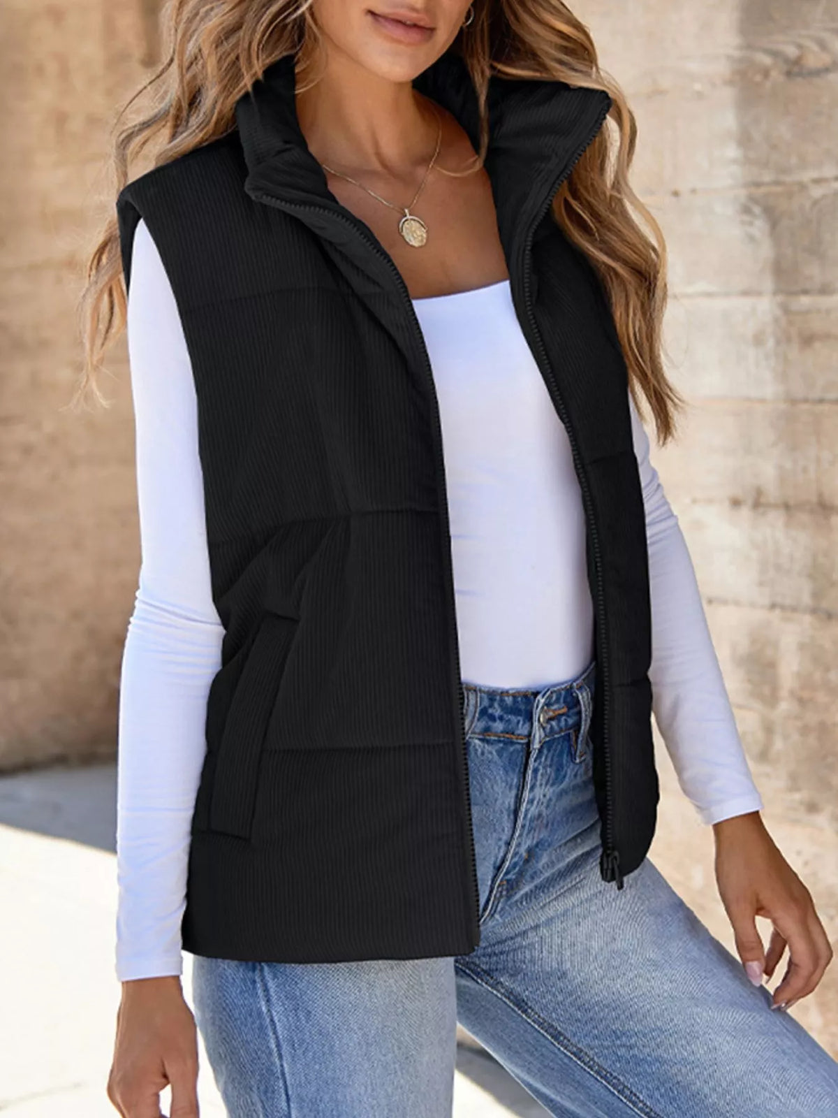 Corduroy Zip Up Vest Coat - Lilixa.store