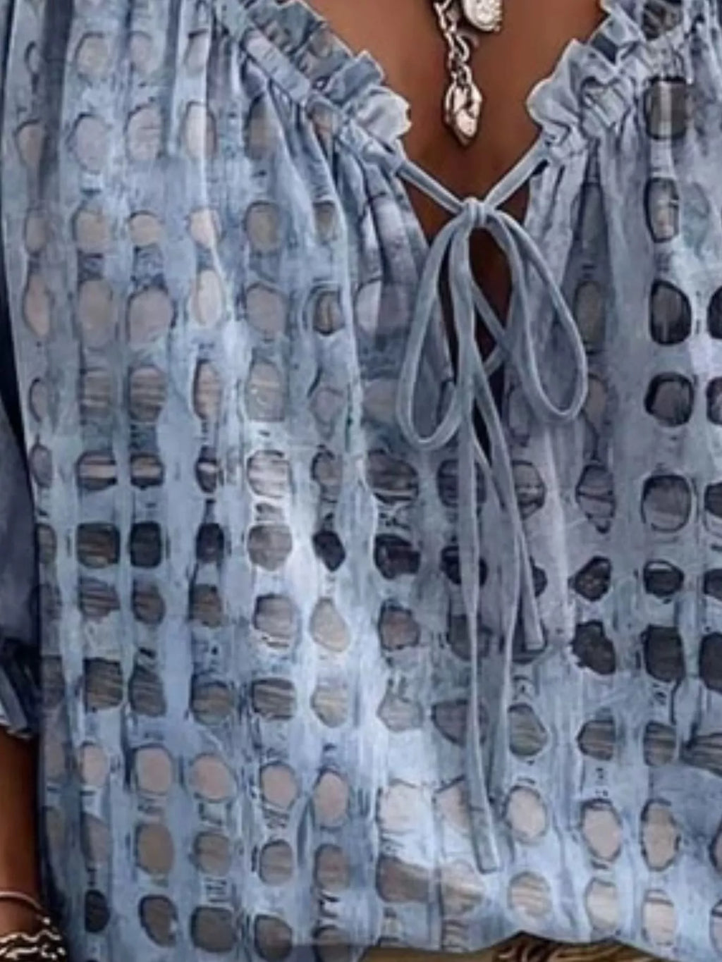 Full Size Tie Neck 3/4 Sleeve Blouse Plus Size - Lilixa.store