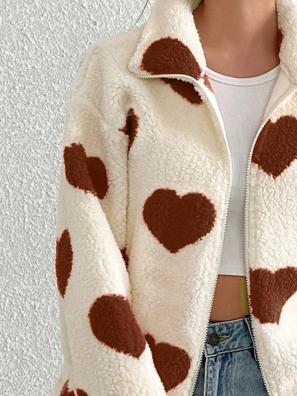 Heart Zip Up Drop Shoulder Furry Jacket, view 5